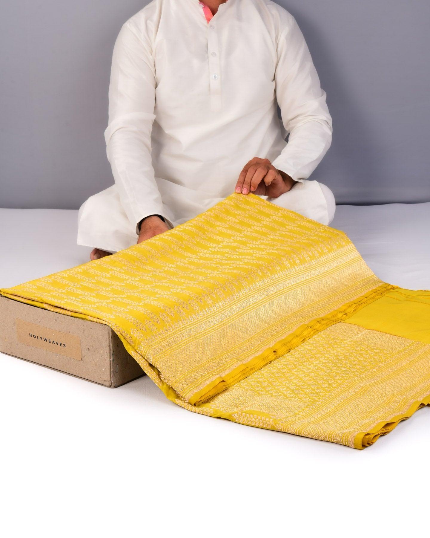 Mustard Yellow Banarasi Cutwork Brocade Handwoven Katan Silk Saree - By HolyWeaves, Benares