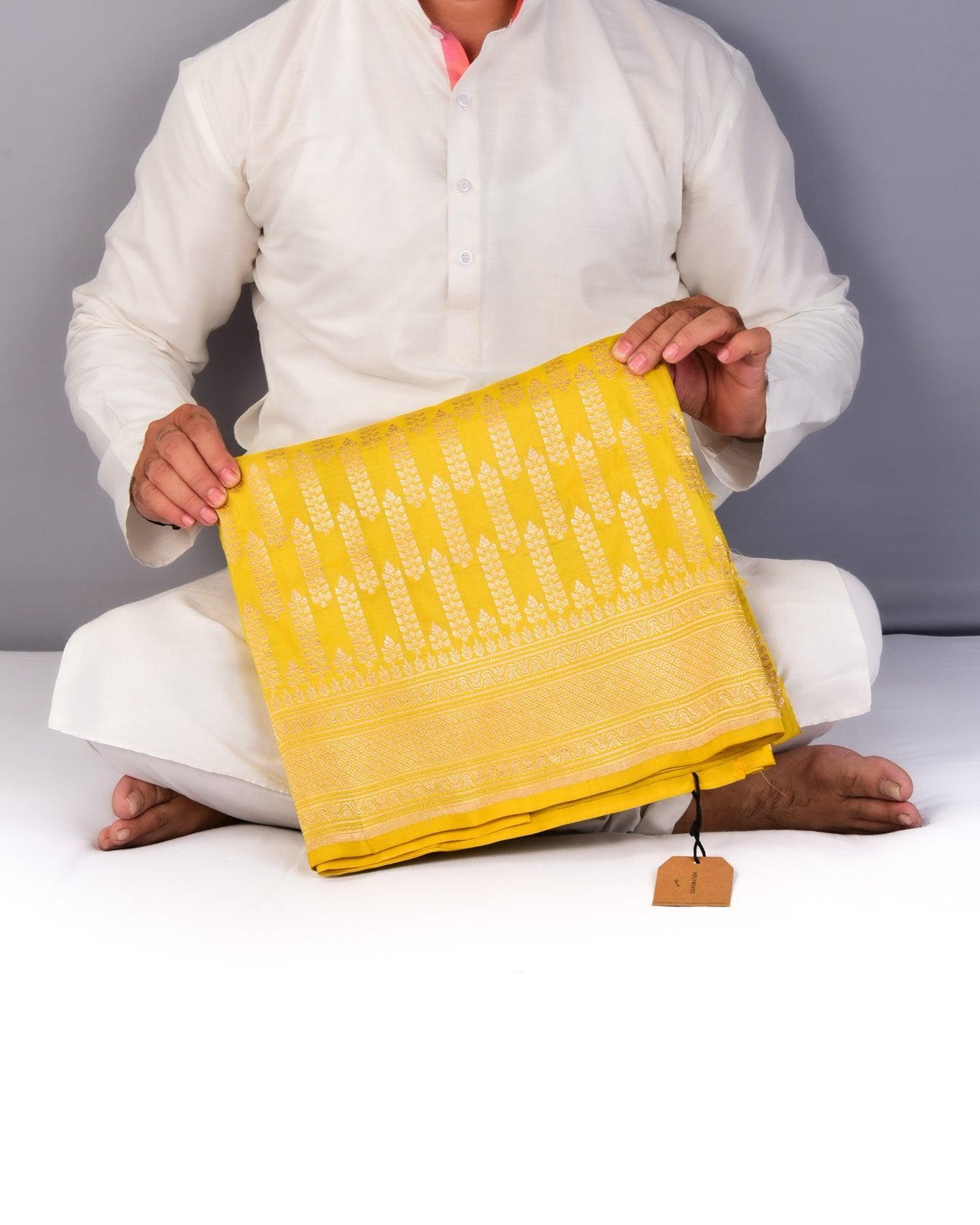 Mustard Yellow Banarasi Cutwork Brocade Handwoven Katan Silk Saree - By HolyWeaves, Benares