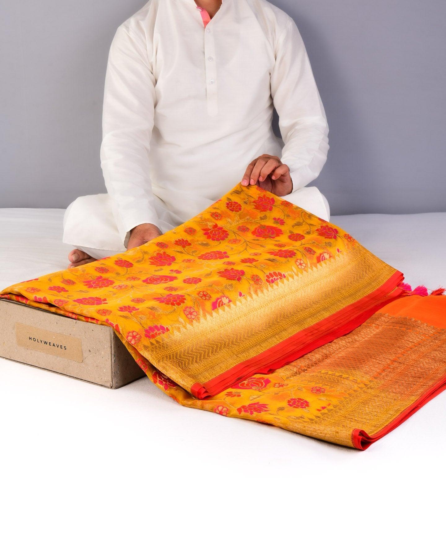 Mustard Yellow Banarasi Floral Jaal Cutwork Brocade Handwoven Kora Silk Saree - By HolyWeaves, Benares