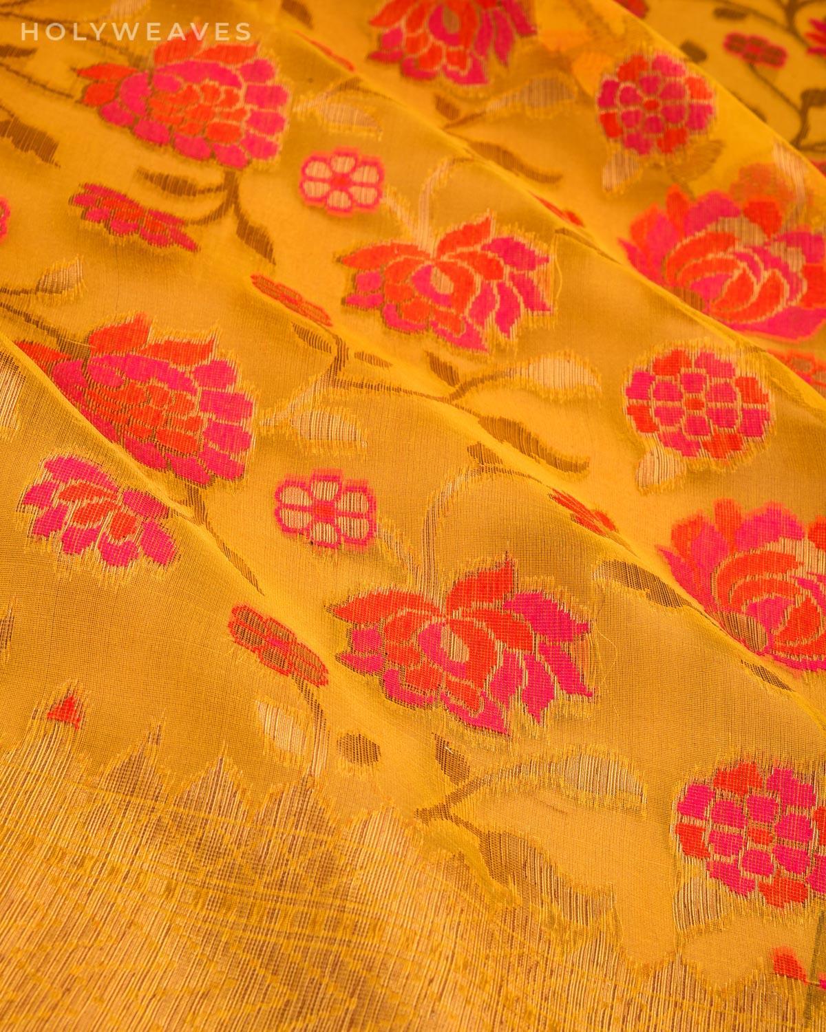 Mustard Yellow Banarasi Floral Jaal Cutwork Brocade Handwoven Kora Silk Saree - By HolyWeaves, Benares