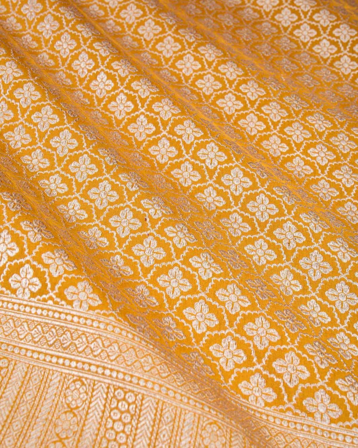 Mustard Yellow Banarasi Floral Jaal Silver Zari Brocade Handwoven Katan Silk Saree - By HolyWeaves, Benares