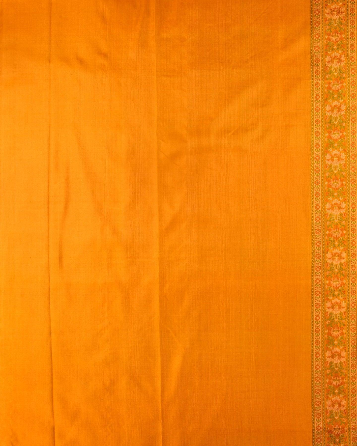 Mustard Yellow Banarasi Floral Jaal Tehri Jamawar Handwoven Katan Silk Saree with Contrast Border Pallu - By HolyWeaves, Benares
