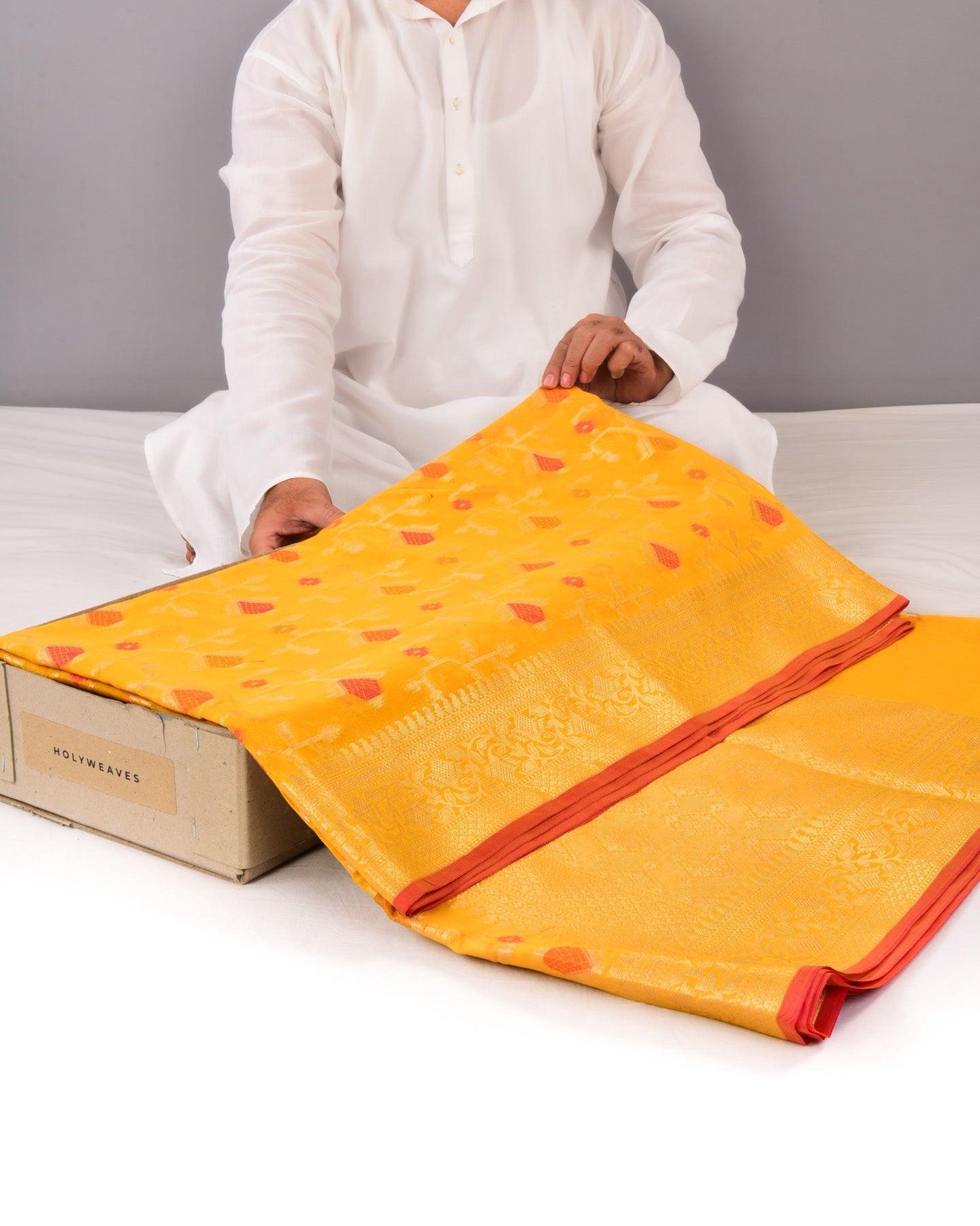 Mustard Yellow Banarasi Geometrical Jaal Alfi Cutwork Brocade Woven Cotton Silk Saree - By HolyWeaves, Benares