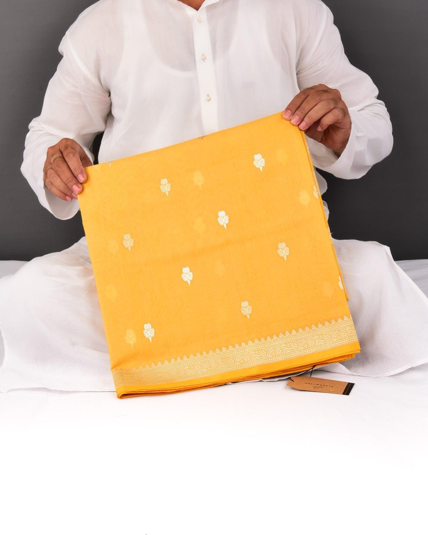 Mustard Yellow Banarasi Gold & Silver Buti Kadhuan Brocade Handwoven Cotton Silk Saree - By HolyWeaves, Benares
