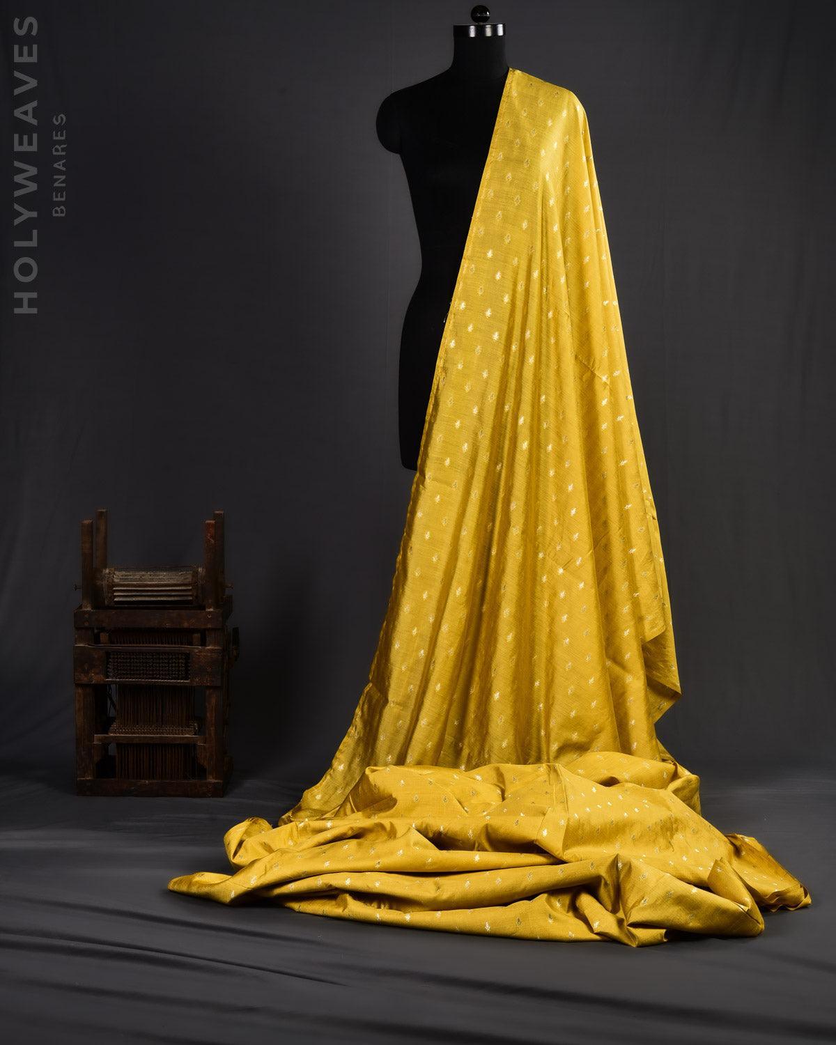 Mustard Yellow Banarasi Gold Zari Buti Cutwork Brocade Handwoven Spun Silk Fabric - By HolyWeaves, Benares