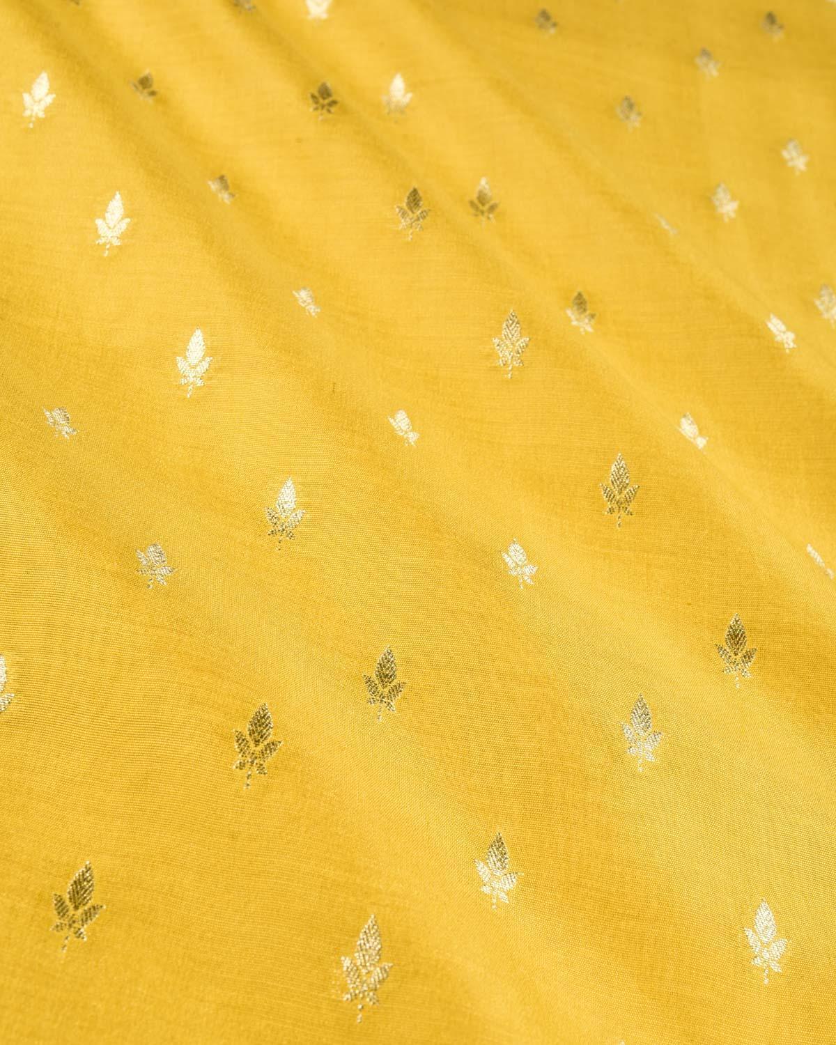 Mustard Yellow Banarasi Gold Zari Buti Cutwork Brocade Handwoven Spun Silk Fabric - By HolyWeaves, Benares