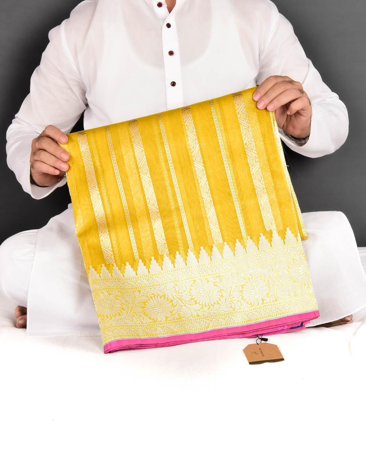 Mustard Yellow Banarasi Gold Zari Ornament Stripes Kadhuan Brocade Handwoven Kora Silk Saree - By HolyWeaves, Benares