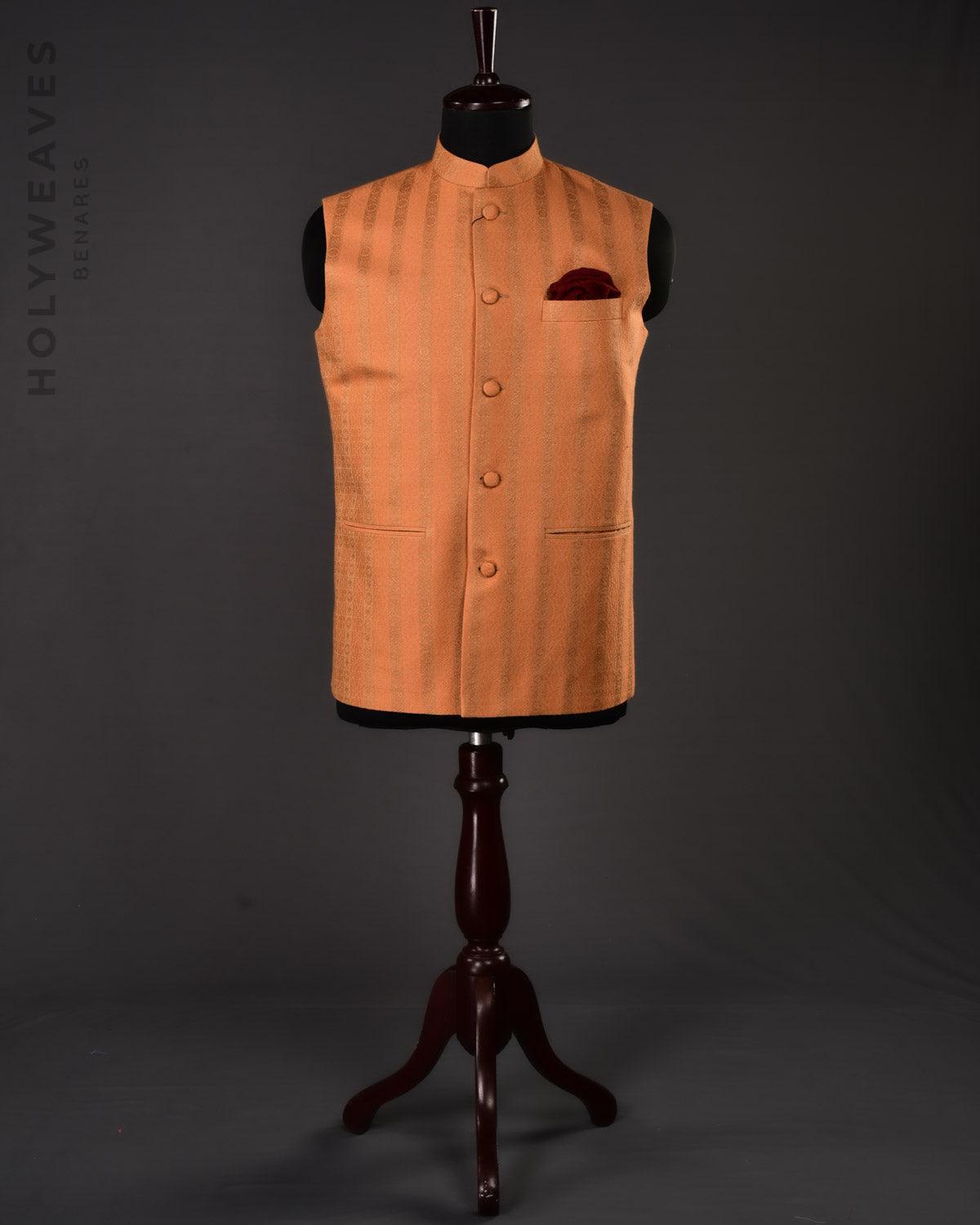 Mustard Yellow Banarasi Jacquard Woven Cotton Silk Mens Modi Jacket - By HolyWeaves, Benares