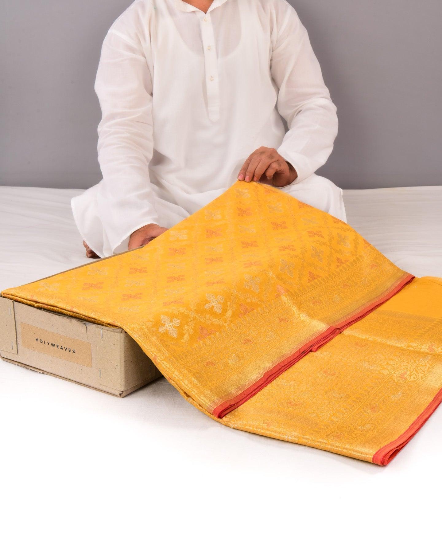 Mustard Yellow Banarasi Jangla Alfi Cutwork Brocade Woven Cotton Silk Saree - By HolyWeaves, Benares