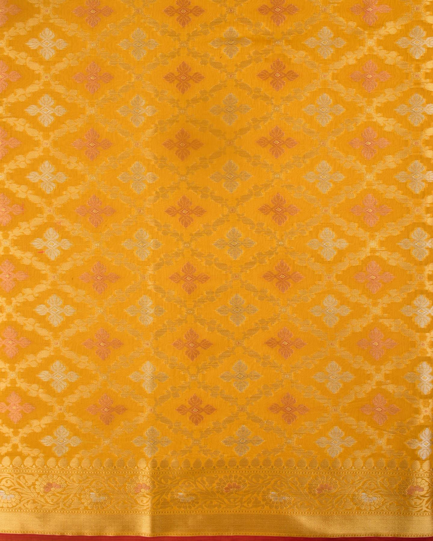 Mustard Yellow Banarasi Jangla Alfi Cutwork Brocade Woven Cotton Silk Saree - By HolyWeaves, Benares
