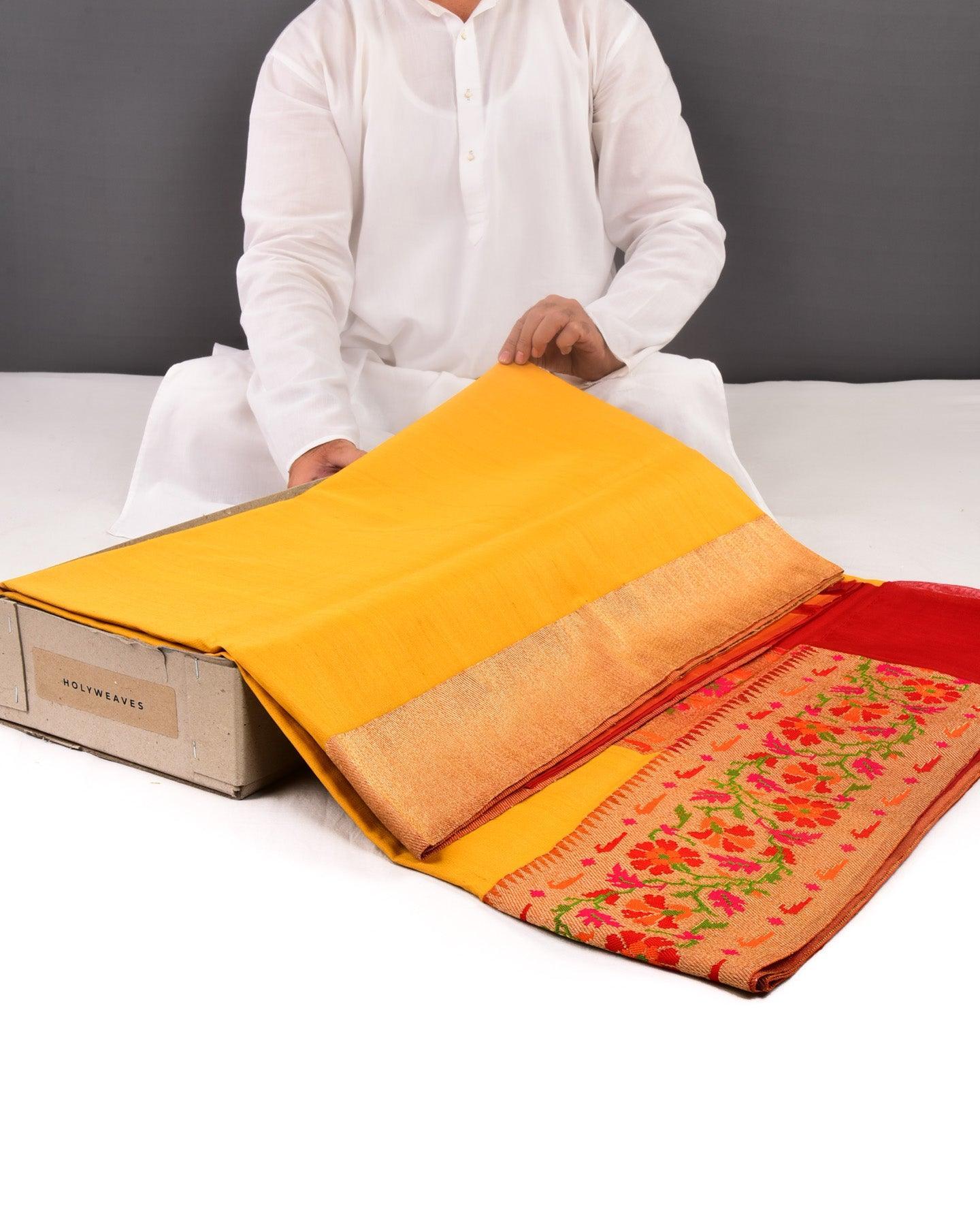 Mustard Yellow Banarasi Kadhuan Brocade Handwoven Tasar Silk Saree with Meenedar Border Pallu - By HolyWeaves, Benares