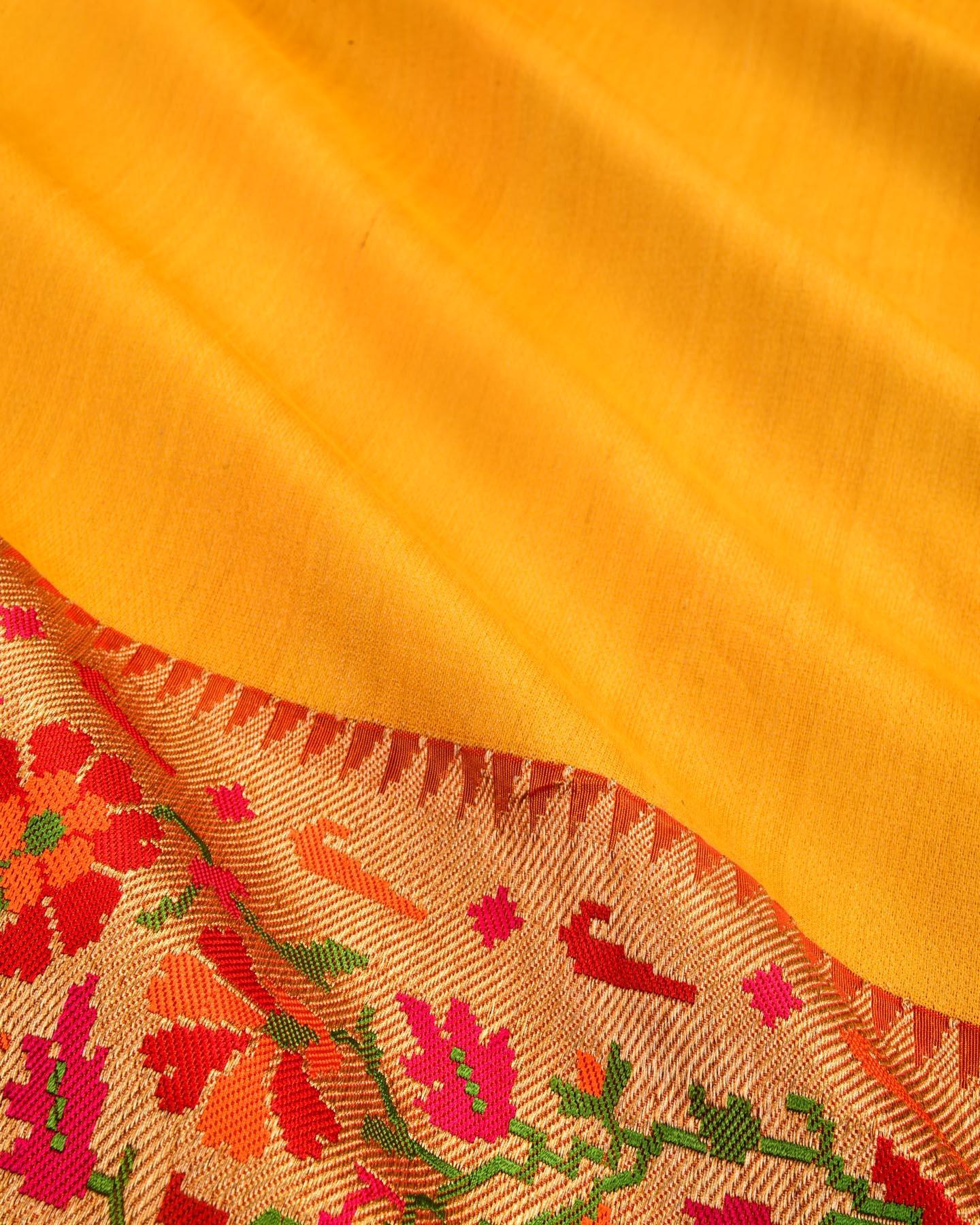 Mustard Yellow Banarasi Kadhuan Brocade Handwoven Tasar Silk Saree with Meenedar Border Pallu - By HolyWeaves, Benares