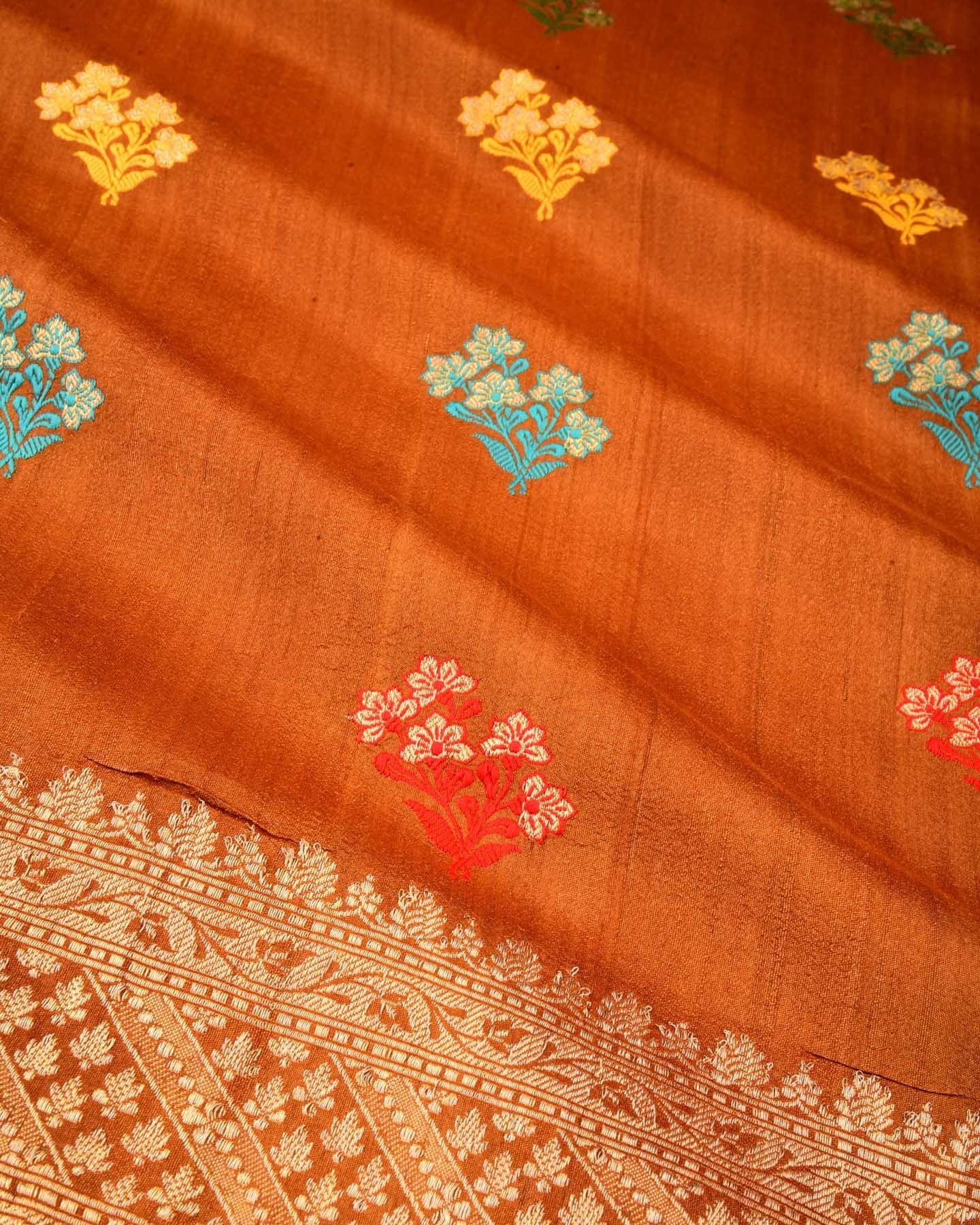 Mustard Yellow Banarasi Meena and Gold Zari Buta Kadhuan Brocade Handwoven Tasar Georgette Saree - By HolyWeaves, Benares
