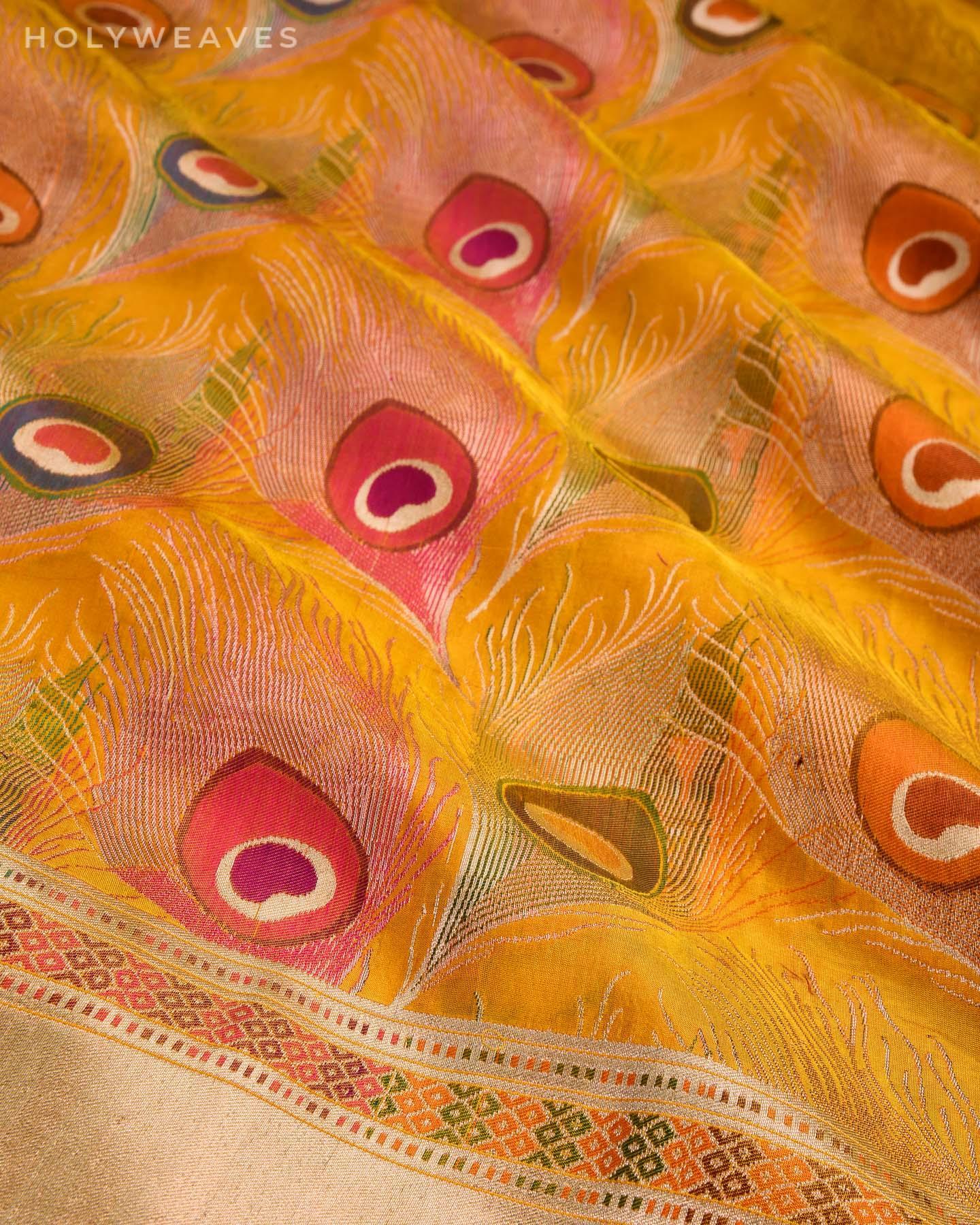 Mustard Yellow Banarasi Morpankh Cutwork Brocade Handwoven Katan Silk Saree - By HolyWeaves, Benares