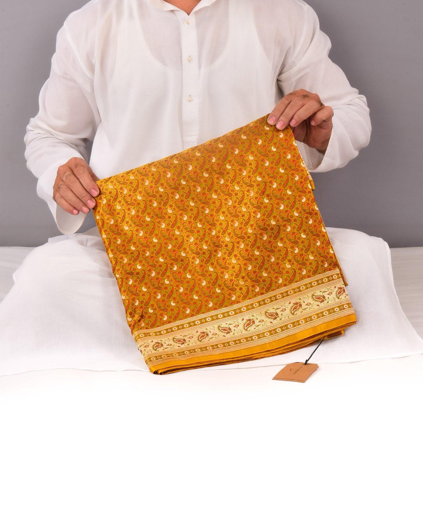 Mustard Yellow Banarasi Tehri Jamawar Brocade Handwoven Katan Silk Saree with Zari Accents - By HolyWeaves, Benares