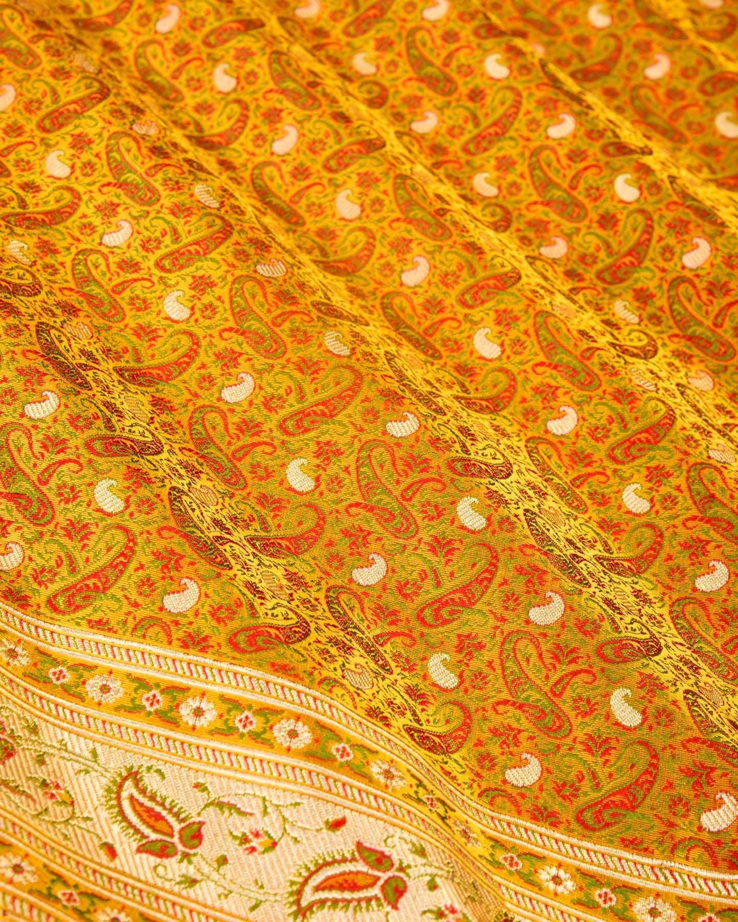 Mustard Yellow Banarasi Tehri Jamawar Brocade Handwoven Katan Silk Saree with Zari Accents - By HolyWeaves, Benares
