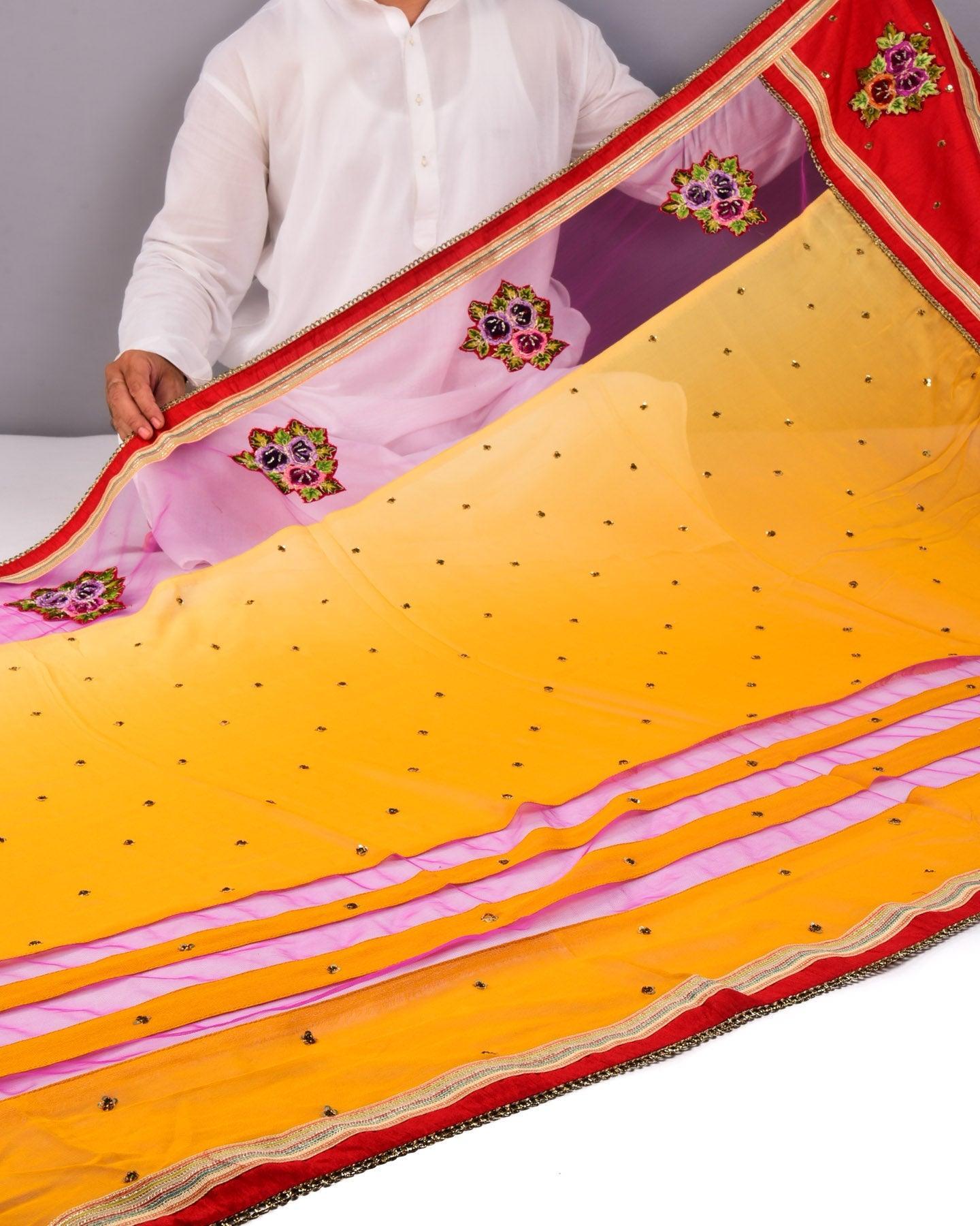 Mustard Yellow Hand-embroidered Georgette Saree - By HolyWeaves, Benares