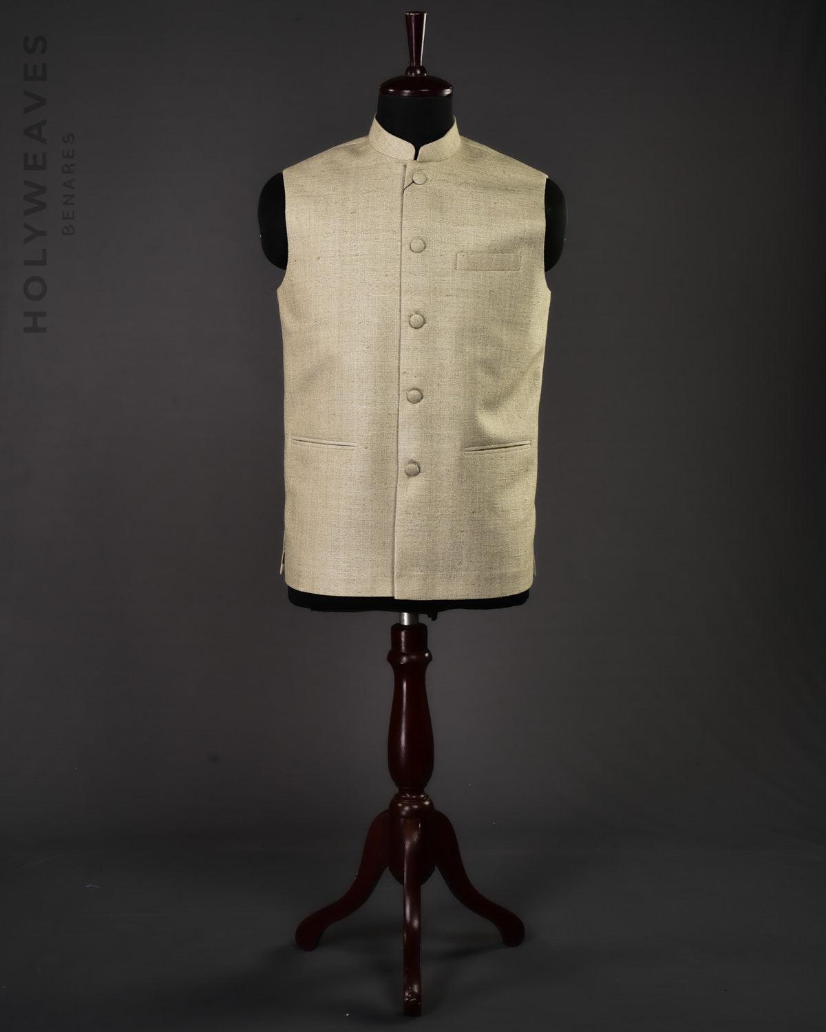 Muted Green Banarasi Handwoven Matka Silk Mens Modi Jacket - By HolyWeaves, Benares