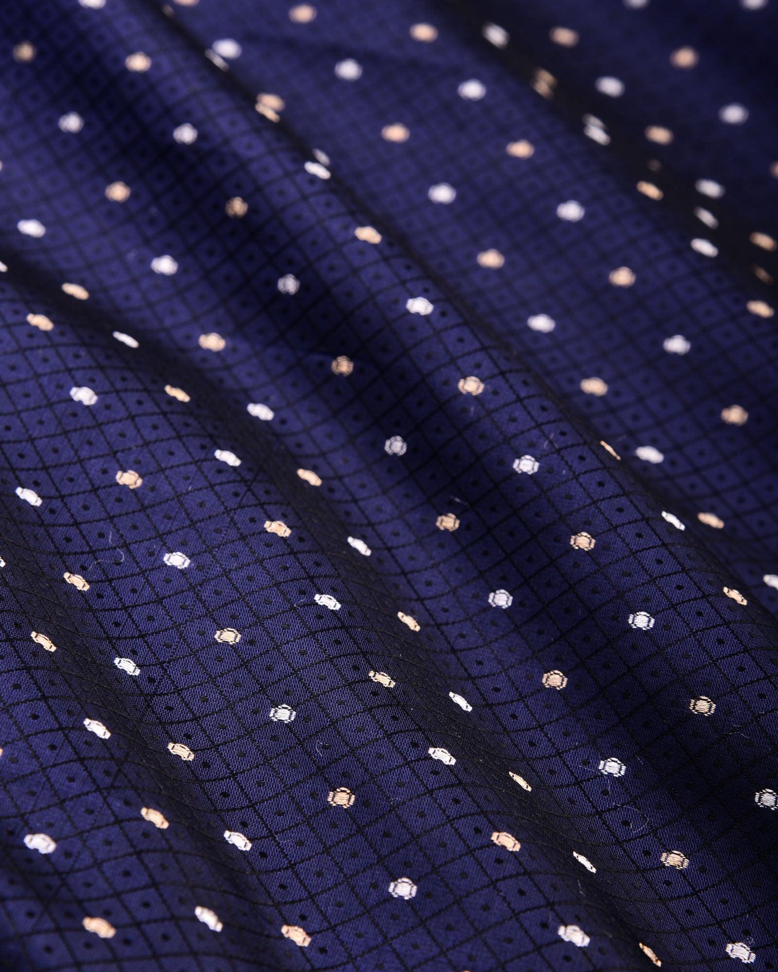 Navy Blue Banarasi Alfi Sona Rupa Tanchoi Brocade Handwoven Katan Silk Fabric - By HolyWeaves, Benares