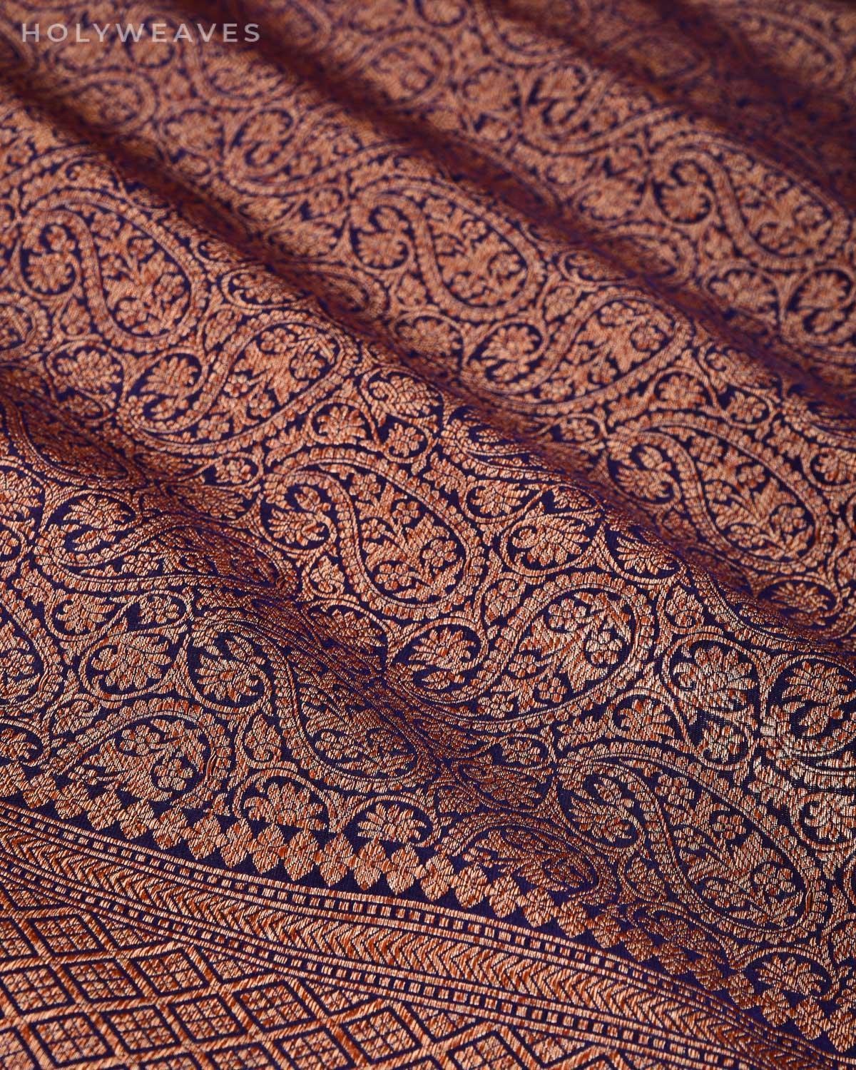Navy Blue Banarasi Antique Zari Paisley Jaal Brocade Handwoven Katan Silk Saree with Red Contrast Blouse - By HolyWeaves, Benares