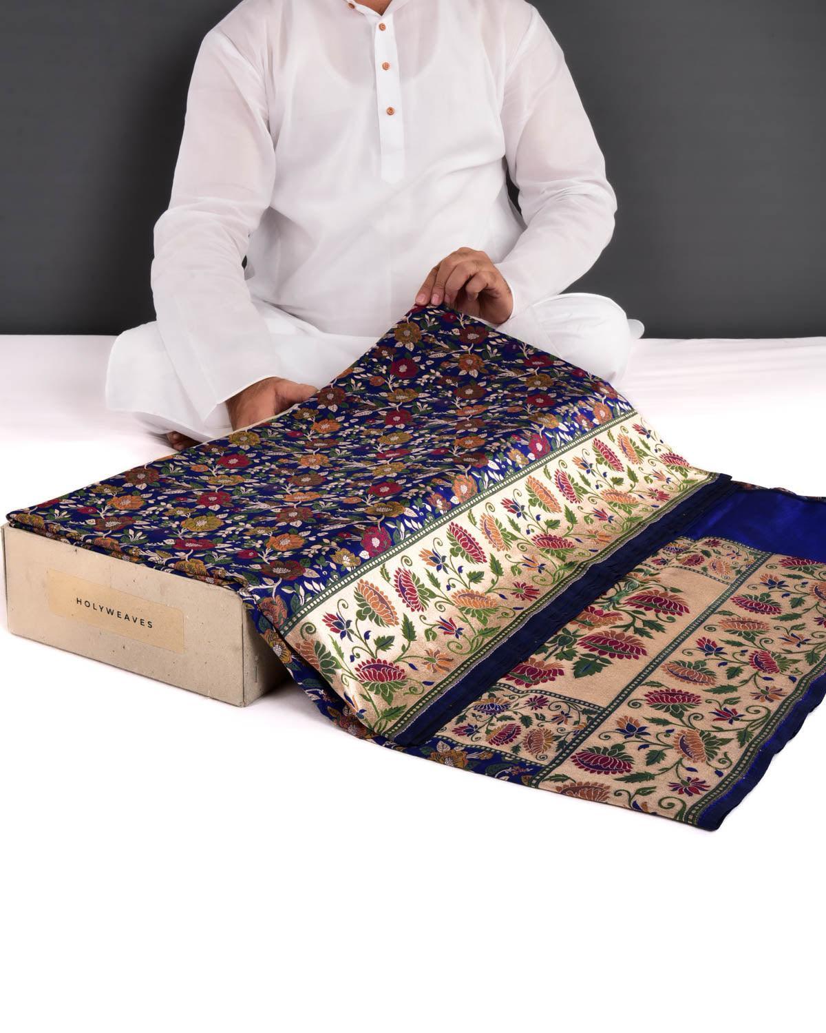 Navy Blue Banarasi Chauhara Floral Resham and Zari Paudi Cutwork Brocade Handwoven Katan Silk Saree - By HolyWeaves, Benares