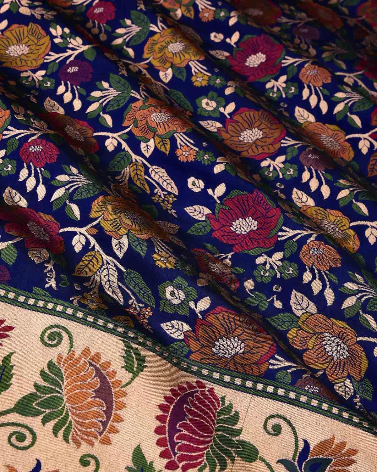 Navy Blue Banarasi Chauhara Floral Resham and Zari Paudi Cutwork Brocade Handwoven Katan Silk Saree - By HolyWeaves, Benares