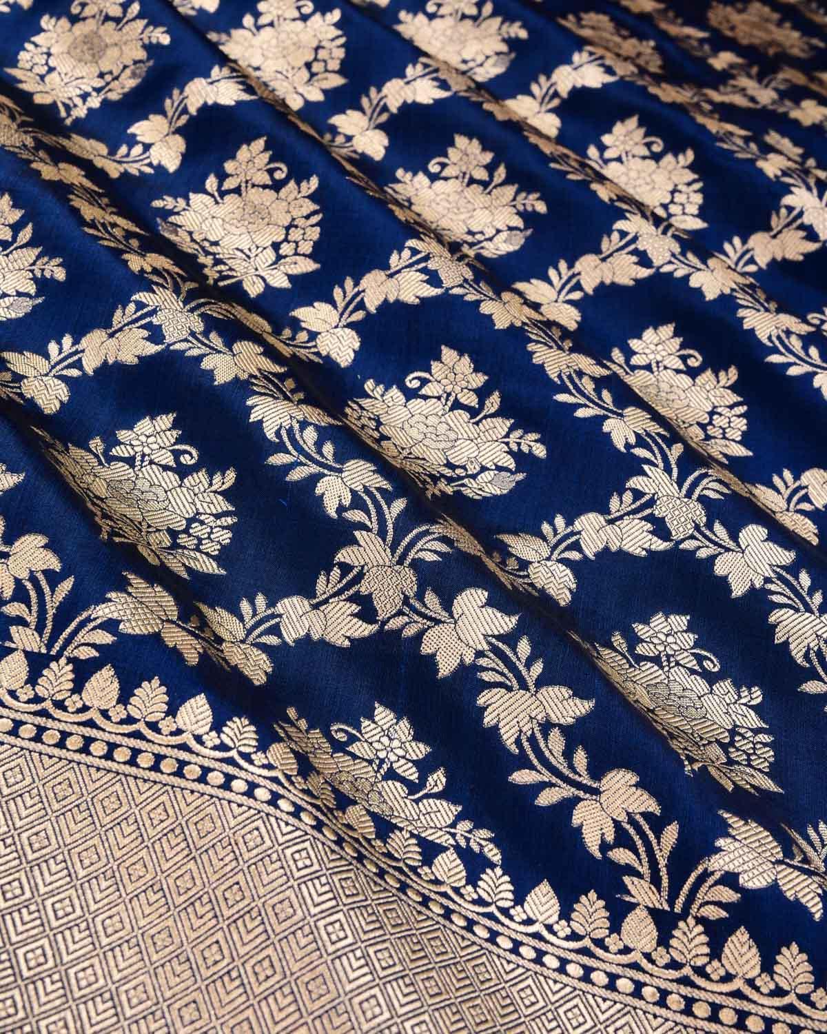 Navy Blue Banarasi Floral Jaal Gold Zari Cutwork Brocade Handwoven Katan Silk Saree - By HolyWeaves, Benares
