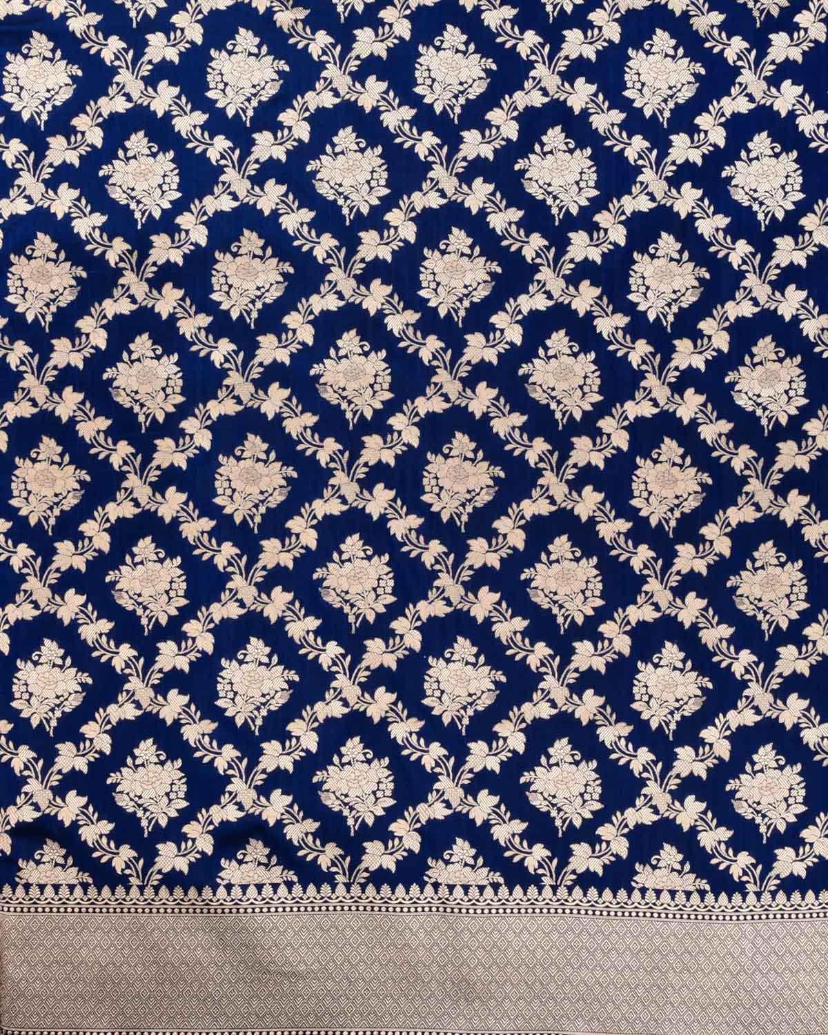 Navy Blue Banarasi Floral Jaal Gold Zari Cutwork Brocade Handwoven Katan Silk Saree - By HolyWeaves, Benares