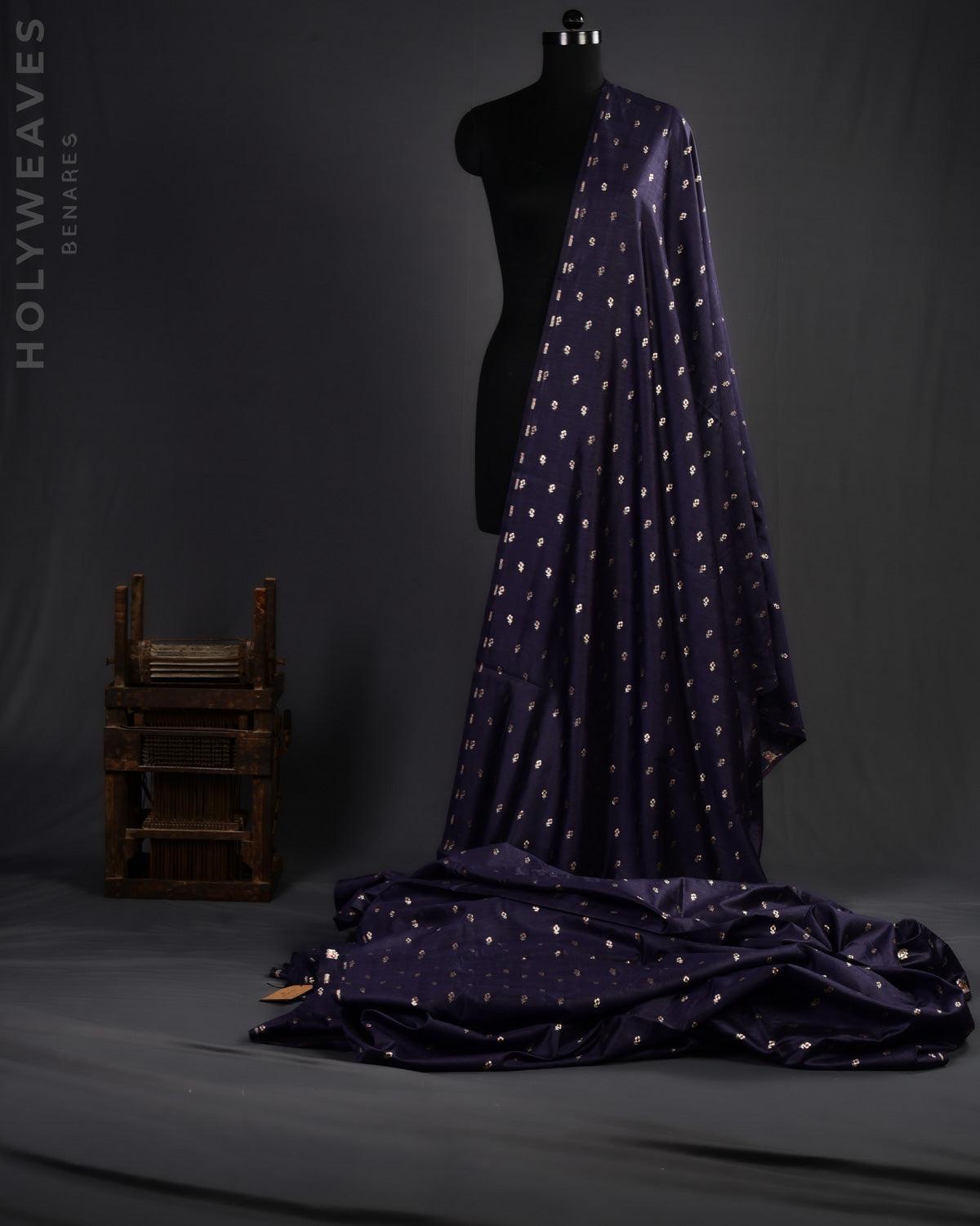 Navy Blue Banarasi Gold Zari & Resham Alfi Buti Cutwork Brocade Handwoven Spun Silk Fabric - By HolyWeaves, Benares