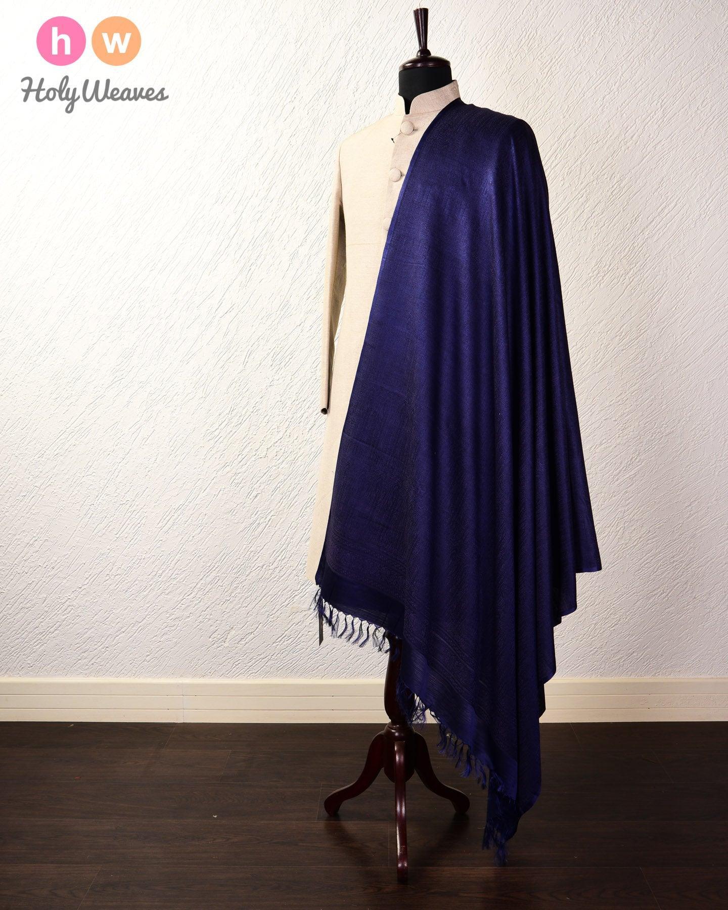 Navy Blue Banarasi Jamawar Handwoven Silk Wool Dupatta Shawl - By HolyWeaves, Benares