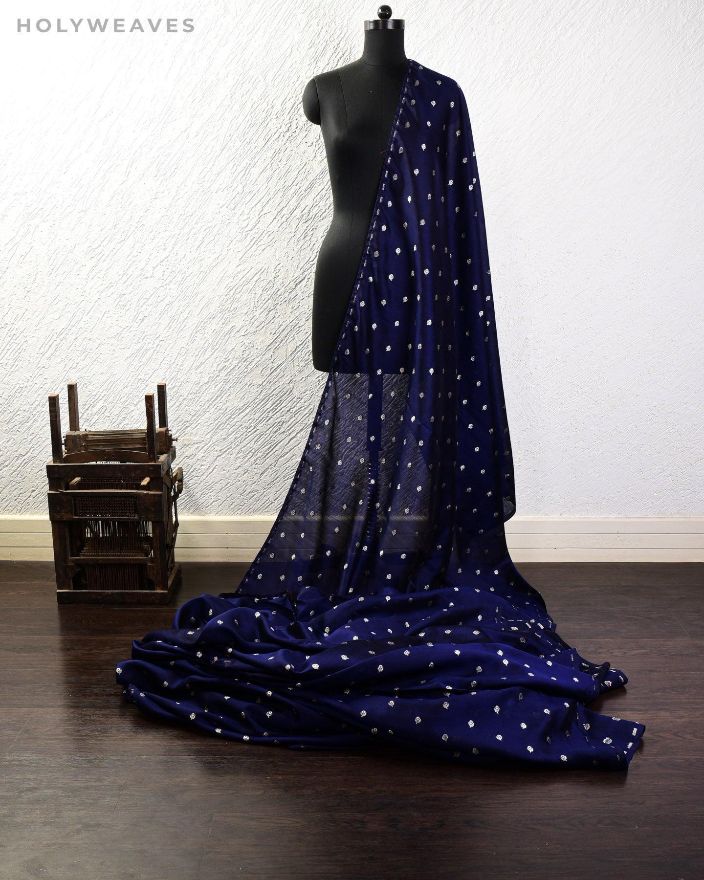 Navy Blue Banarasi Meena Buti Cutwork Brocade Handwoven Dupion Silk Fabric - By HolyWeaves, Benares
