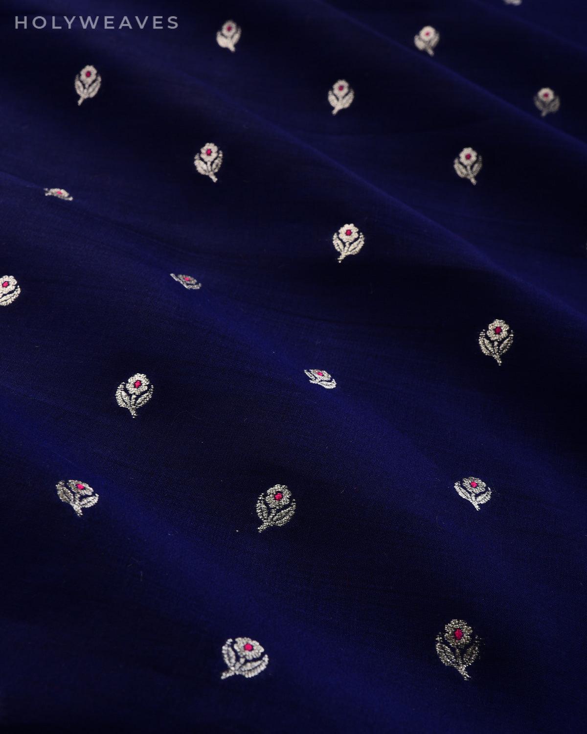 Navy Blue Banarasi Meena Buti Cutwork Brocade Handwoven Dupion Silk Fabric - By HolyWeaves, Benares