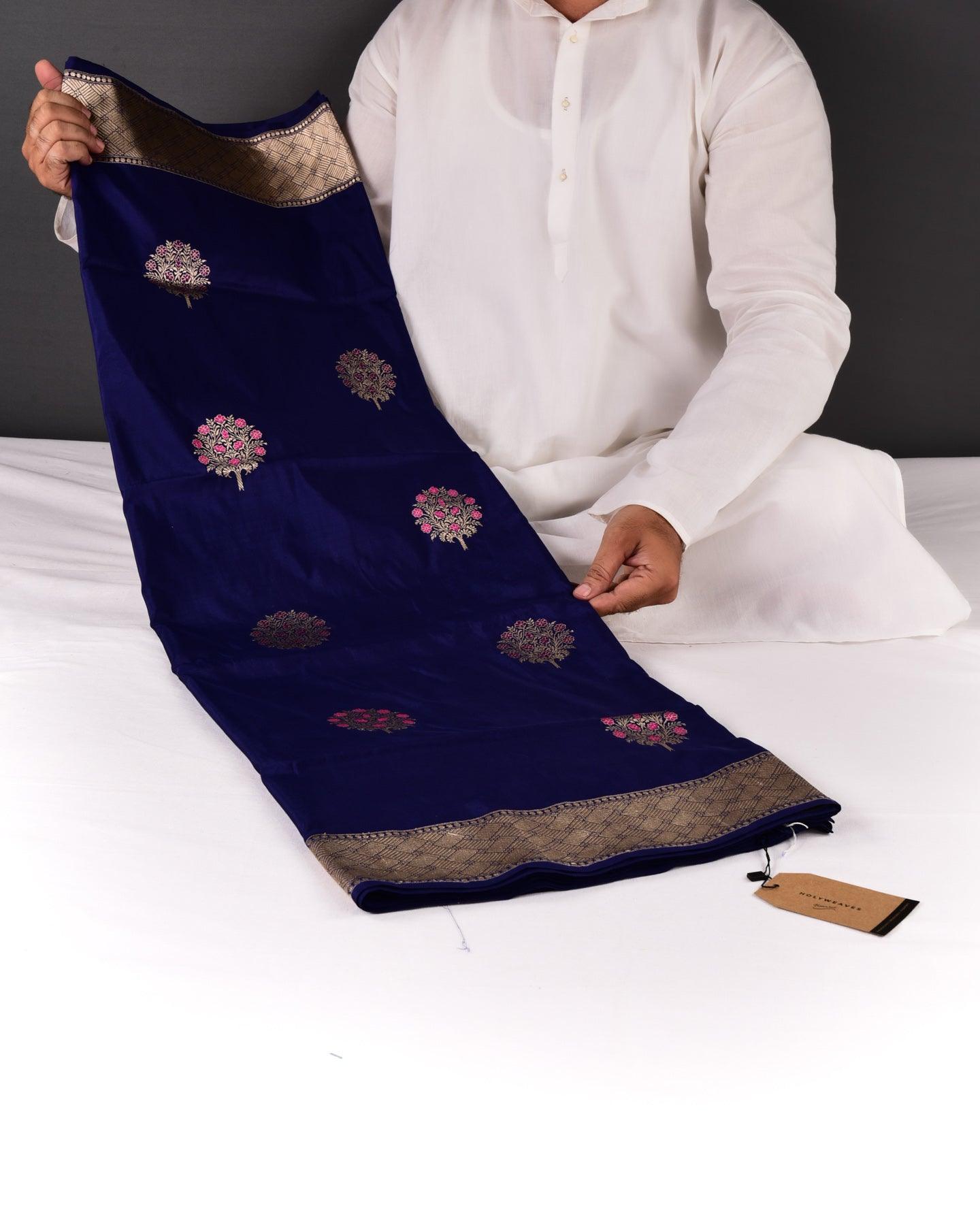 Navy Blue Banarasi Mughal Buta Alfi Resham & Gold Zari Kadhuan Brocade Handwoven Katan Silk Saree - By HolyWeaves, Benares