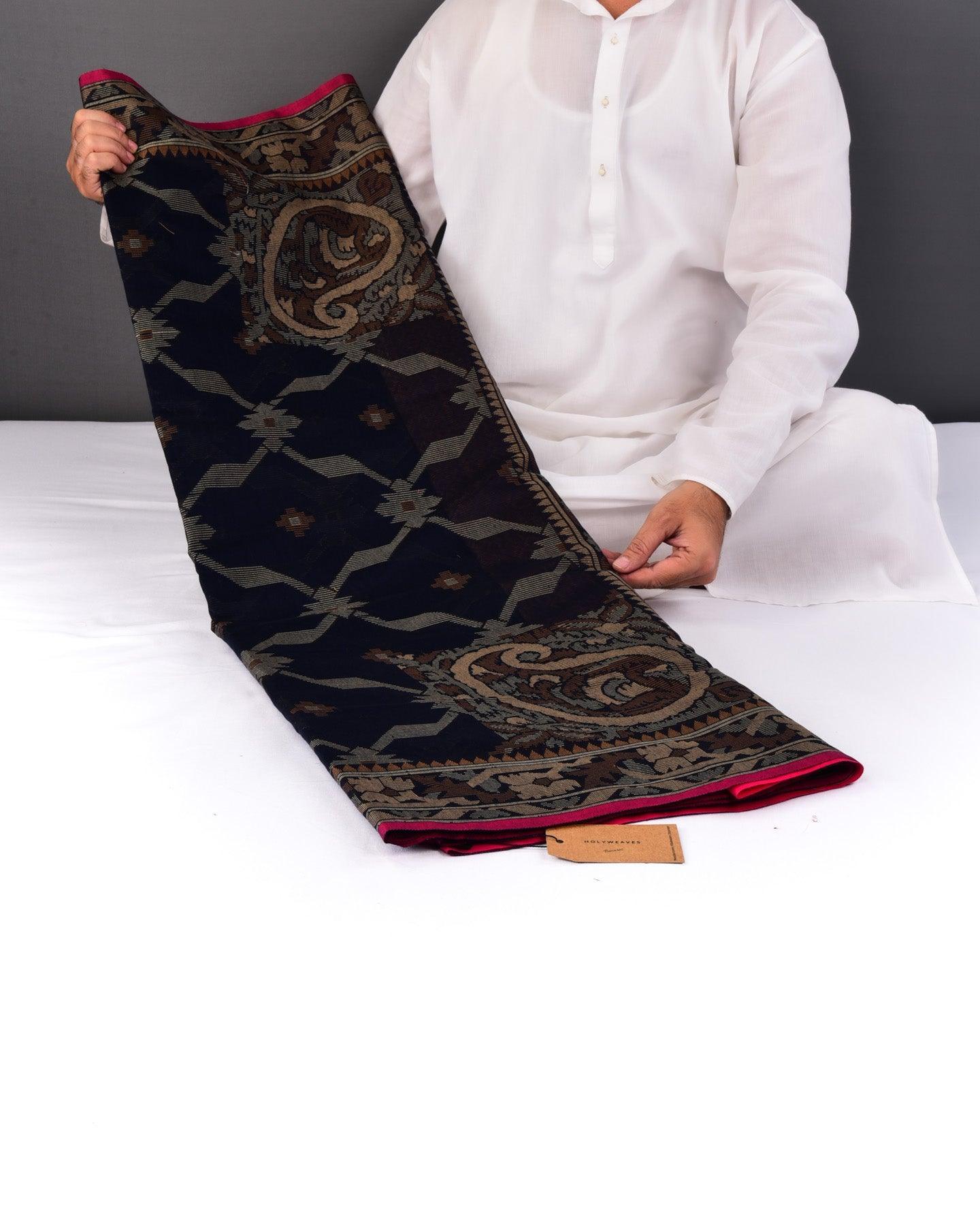 Navy Blue Banarasi Resham Alfi Cutwork Brocade Woven Cotton Silk Saree with Koniya Buta - By HolyWeaves, Benares