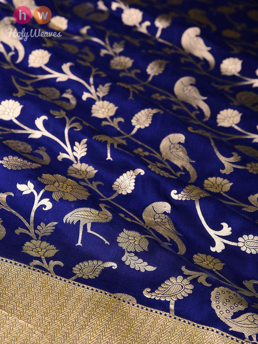 Navy Blue Banarasi Shikargah (शिकारगाह) Cutwork Brocade Handwoven Katan (कतान) Silk Dupatta - By HolyWeaves, Benares