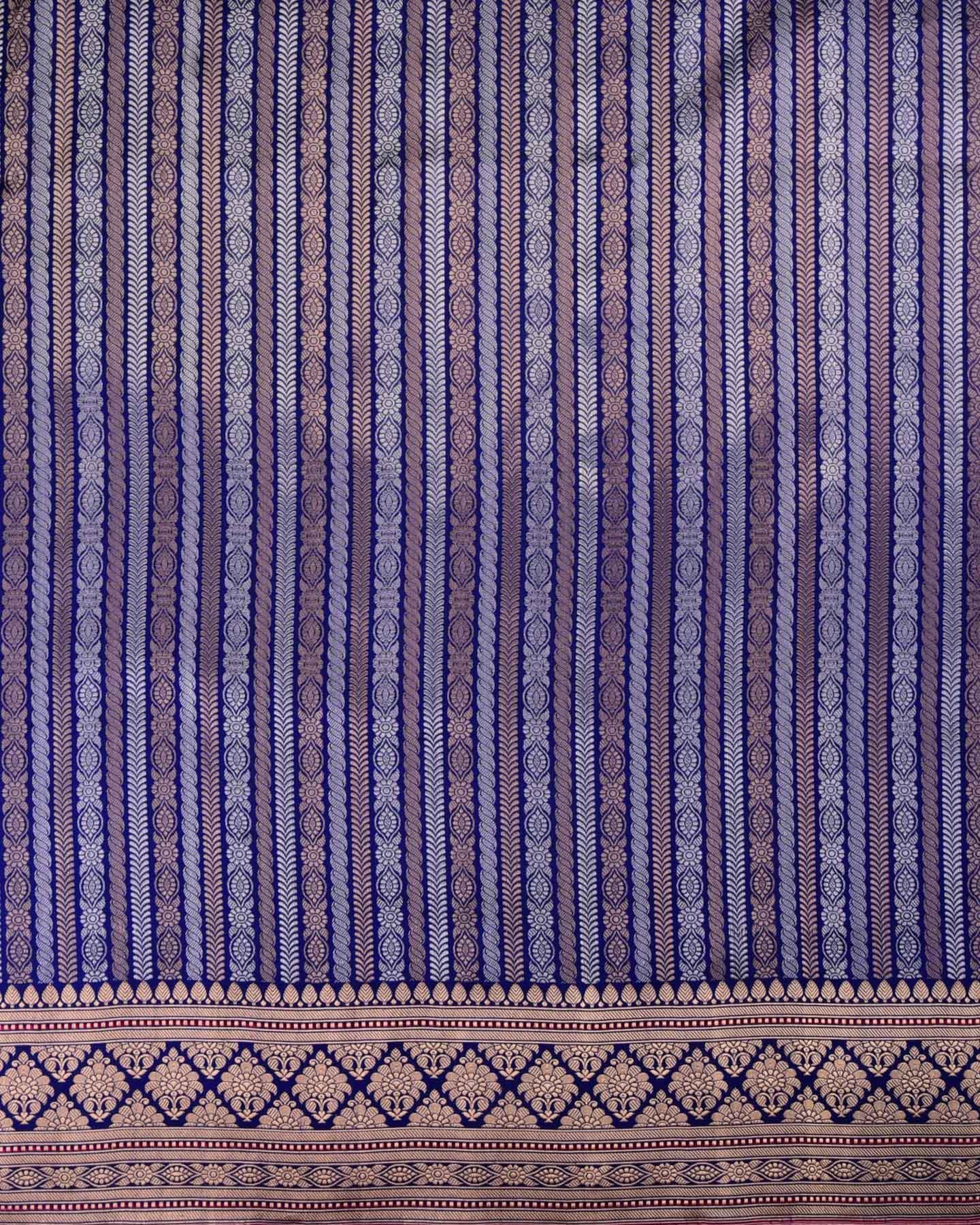 Navy Blue Banarasi Silver & Antique Zri Ornament Stripes Kadhuan Brocade Handwoven Katan Silk Saree - By HolyWeaves, Benares