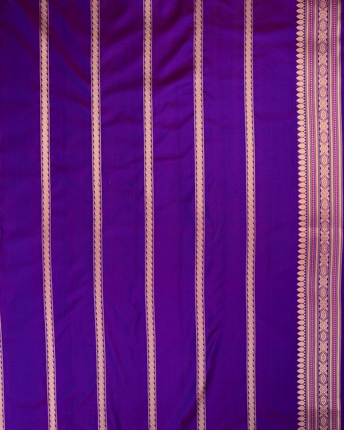 Navy Blue Banarasi Silver & Antique Zri Ornament Stripes Kadhuan Brocade Handwoven Katan Silk Saree - By HolyWeaves, Benares