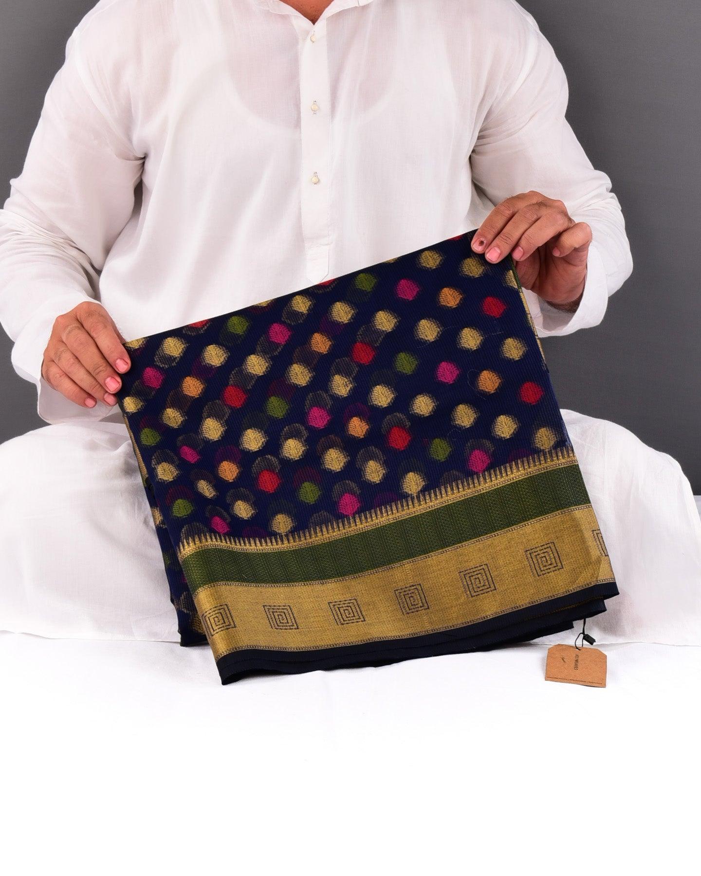 Navy Blue Banarasi Striped Texture Resham Buti Cutwork Brocade Woven Blended Cotton Silk Saree - By HolyWeaves, Benares
