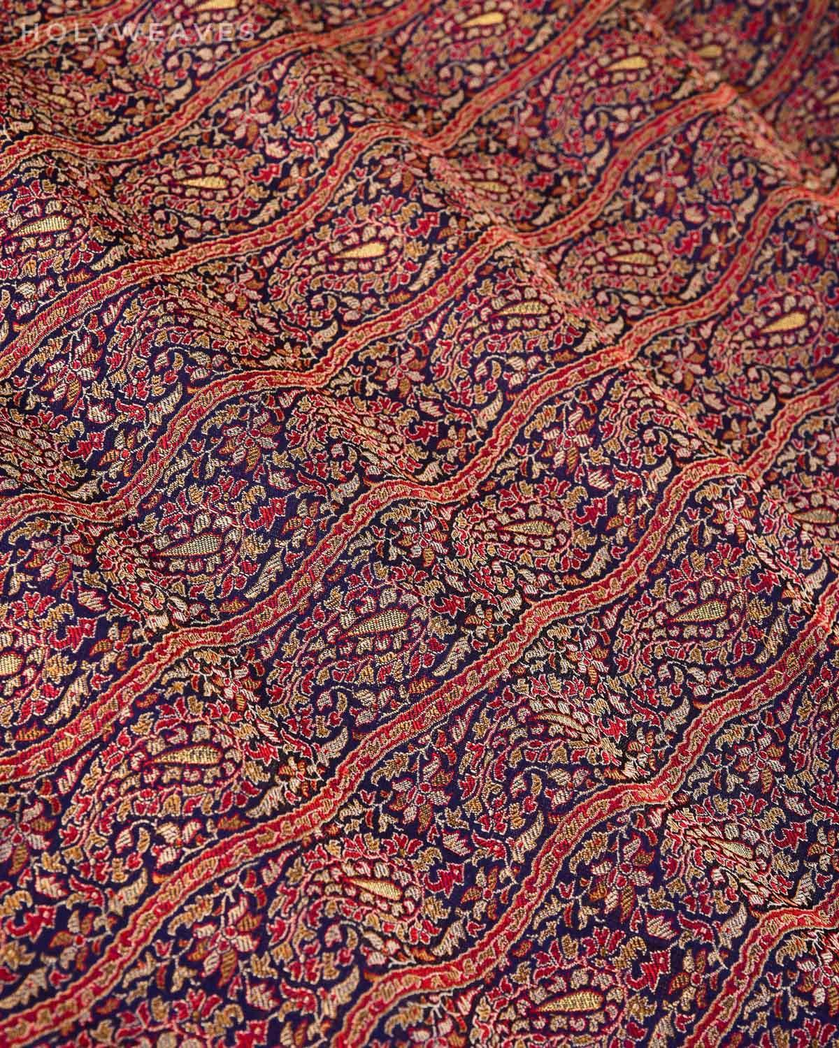 Navy Blue Banarasi Tehra Jamawar Brocade Handwoven Katan Silk Fabric - By HolyWeaves, Benares