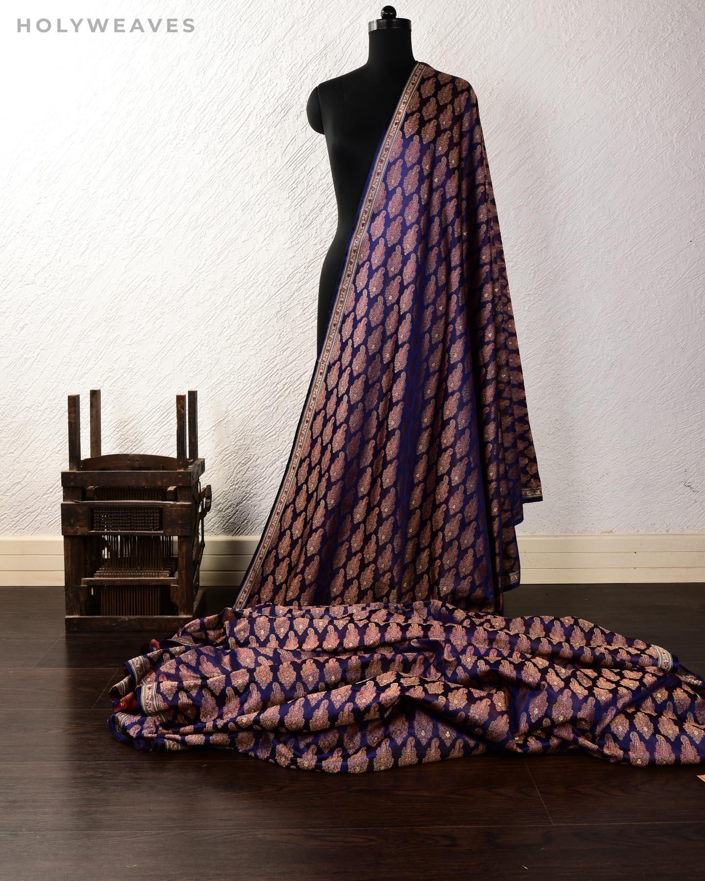 Navy Blue Banarasi Tehra Jamawar Brocade Handwoven Katan Silk Fabric with Zari Accents - By HolyWeaves, Benares