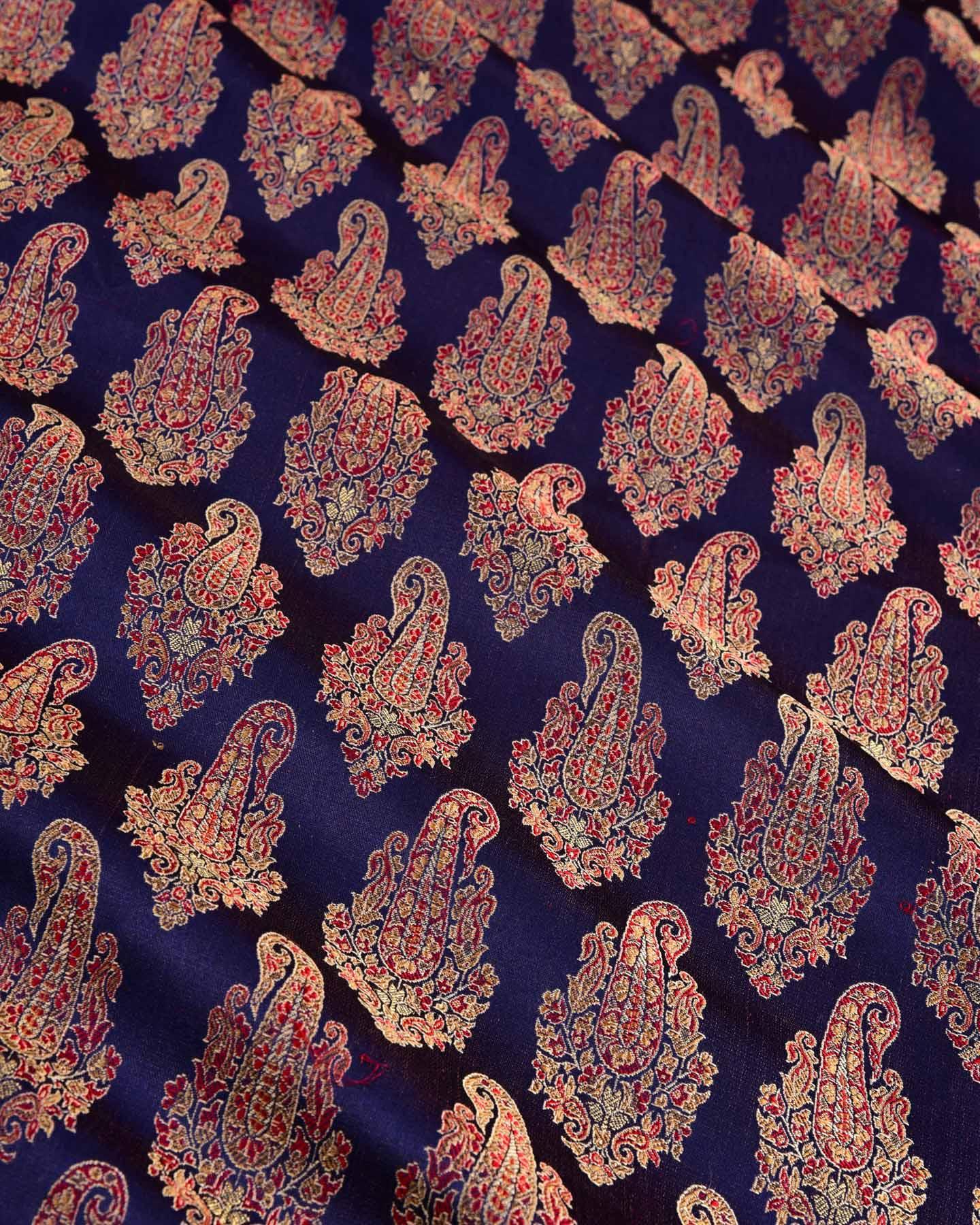 Navy Blue Banarasi Tehra Jamawar Brocade Handwoven Katan Silk Fabric with Zari Accents - By HolyWeaves, Benares