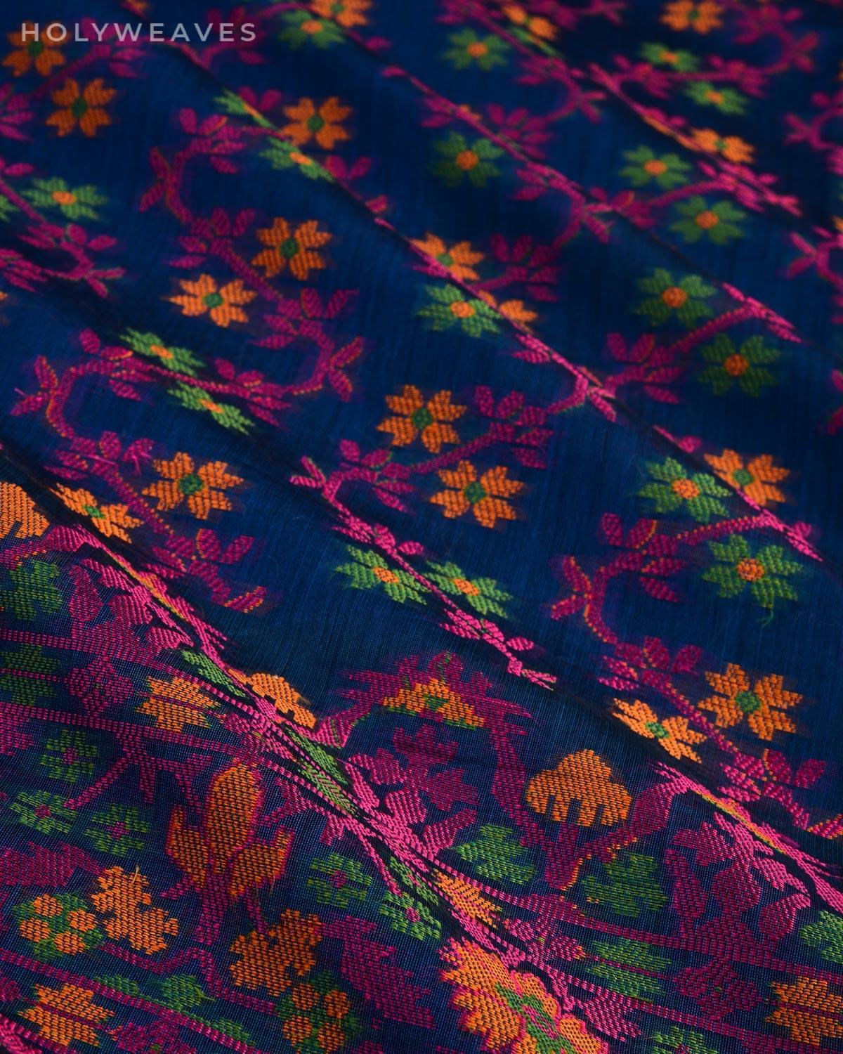 Navy Blue Banarasi Tehra Resham Jaal Cutwork Brocade Woven Cotton Silk Saree - By HolyWeaves, Benares