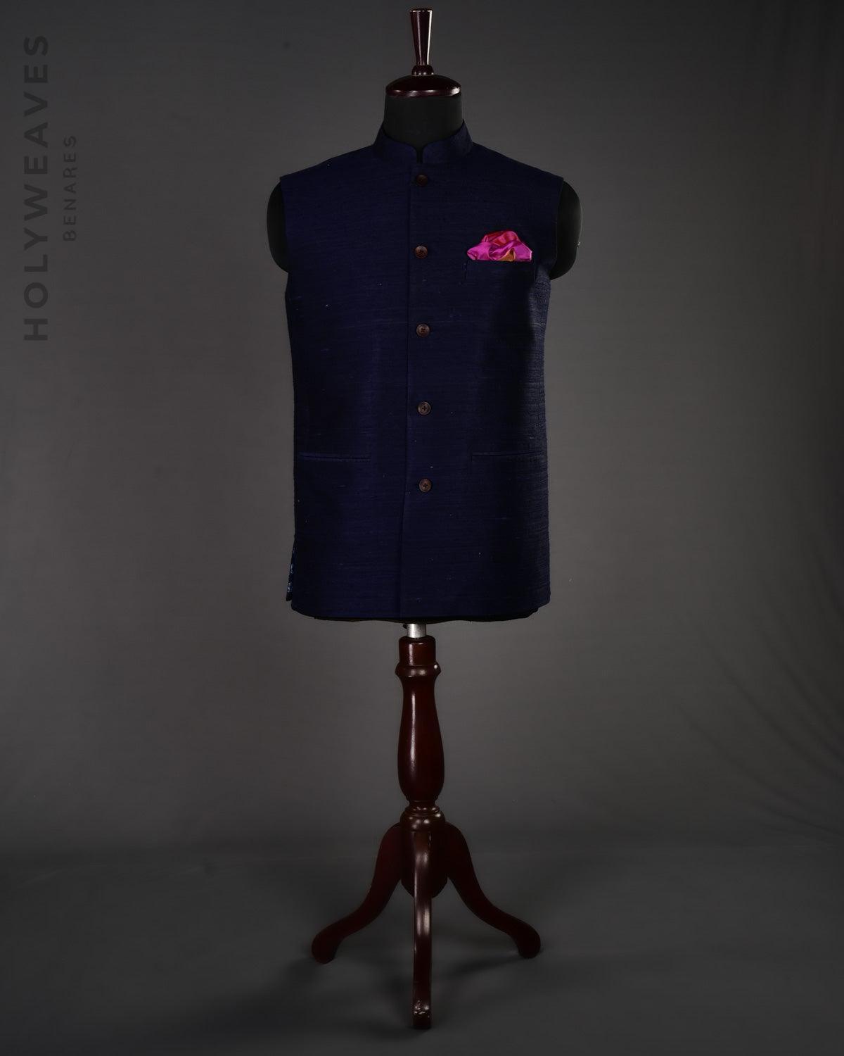 Navy Blue Banarasi Textured Handwoven Raw Silk Mens Modi Jacket - By HolyWeaves, Benares
