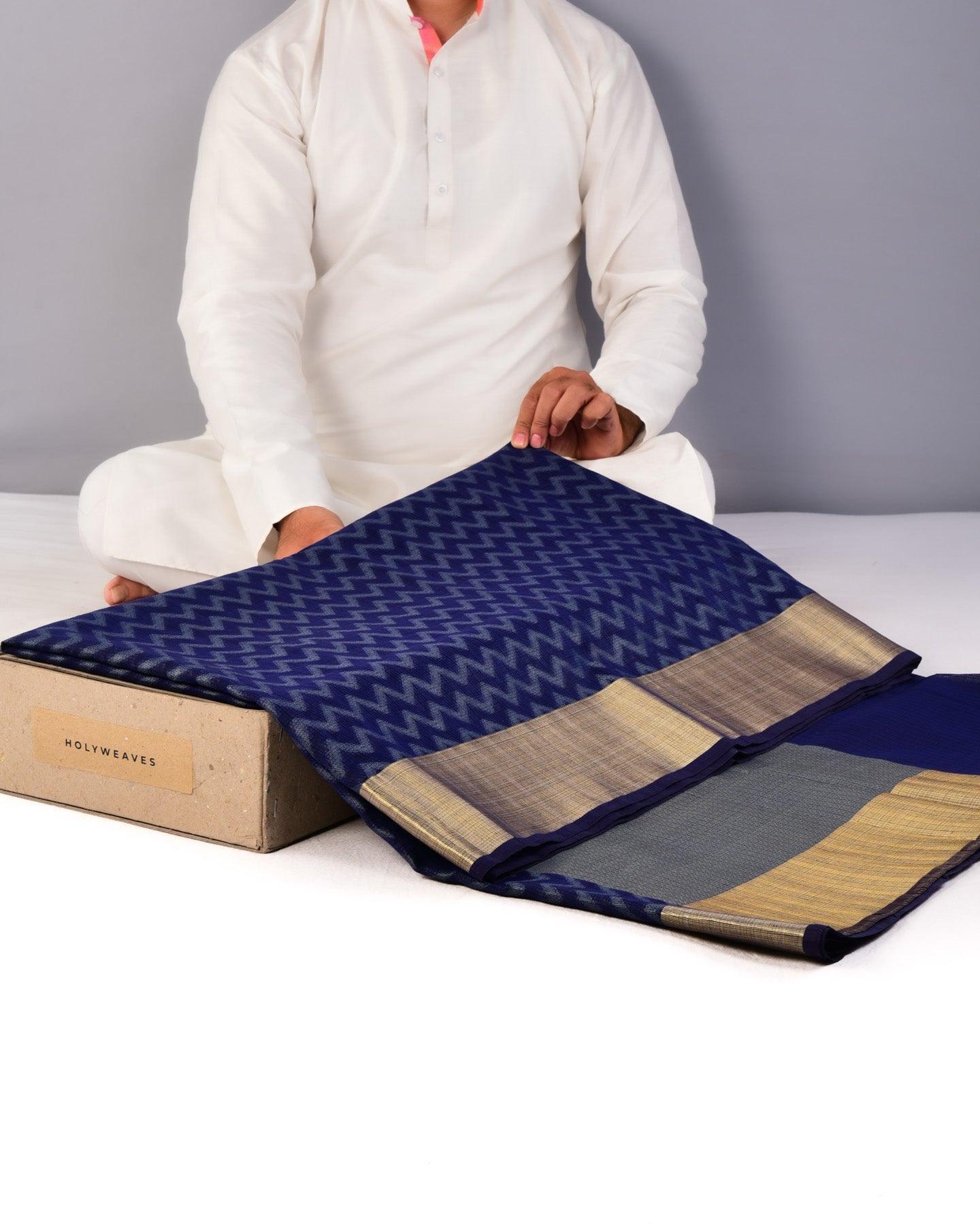 Navy Blue Banarasi Textured Resham Zig-Zag Cutwork Brocade Woven Art Cotton Silk Saree - By HolyWeaves, Benares