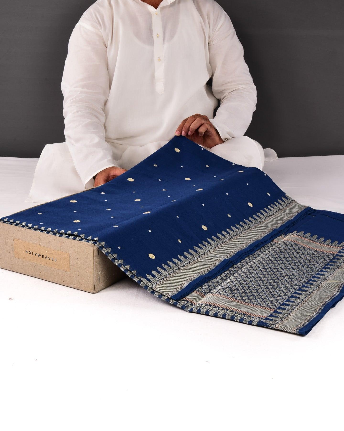 Navy Blue Banarasi Zari & Resham Buti Zari & Resham Buti Kadhuan Brocade Handwoven Handloom Cotton Saree - By HolyWeaves, Benares