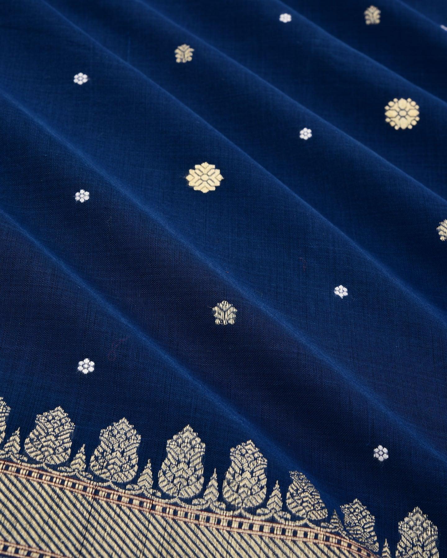 Navy Blue Banarasi Zari & Resham Buti Zari & Resham Buti Kadhuan Brocade Handwoven Handloom Cotton Saree - By HolyWeaves, Benares