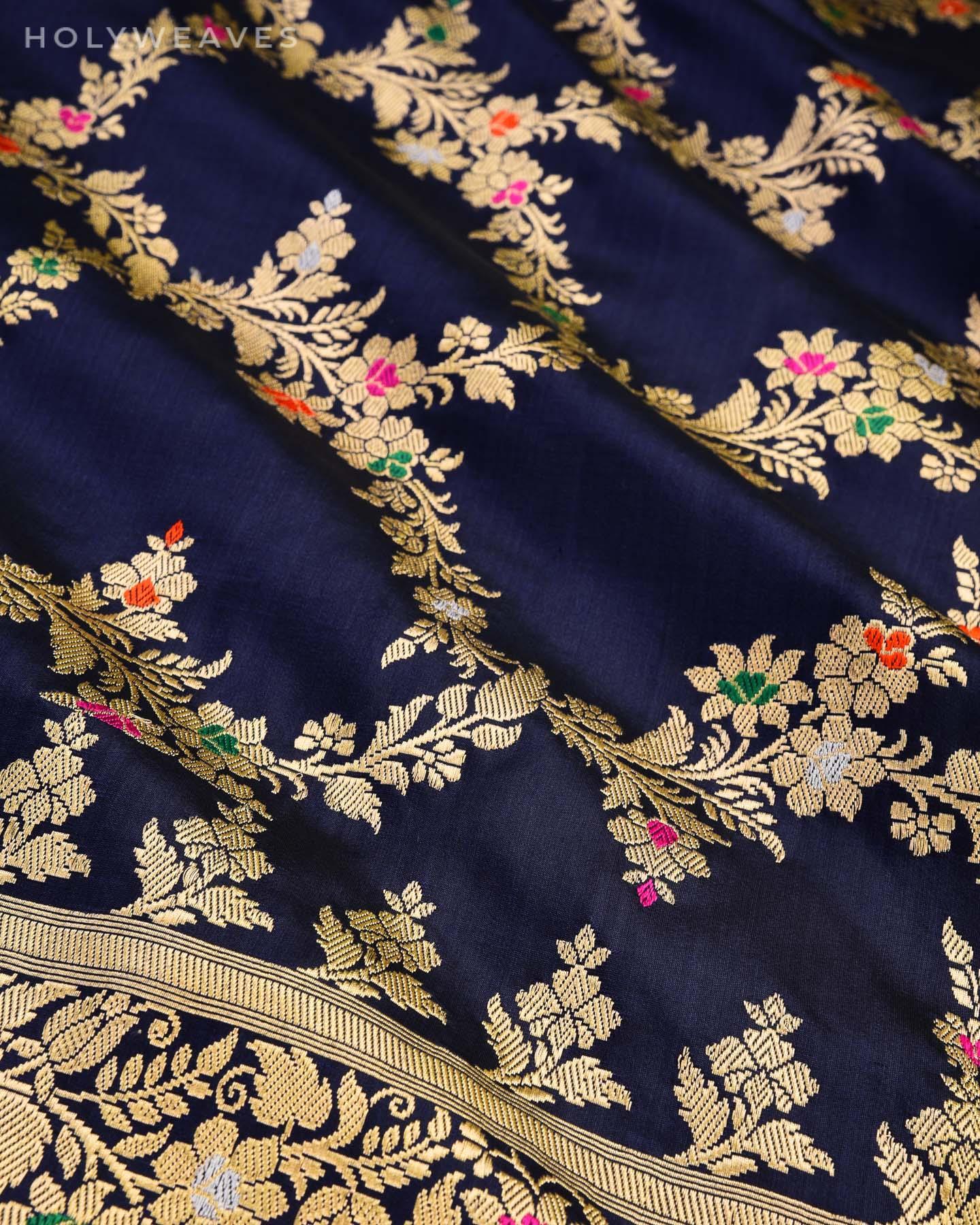 Navy Blue Meenedar Jaal All-over Kadhuan Brocade Handwoven Katan Silk Saree - By HolyWeaves, Benares