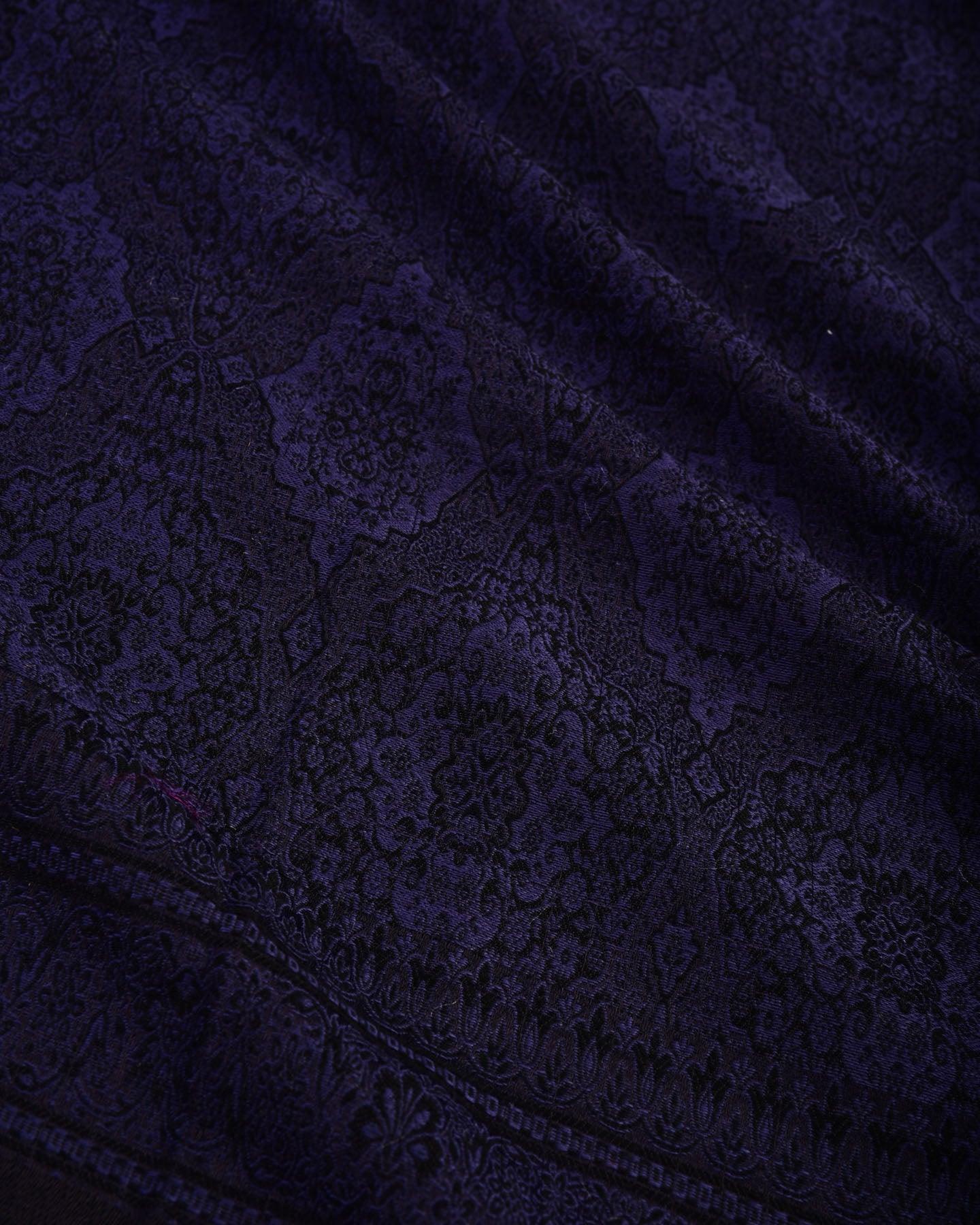Navyblue on Black Banarasi Alfi Damask Jamawar Handwoven Silk-wool Shawl - By HolyWeaves, Benares