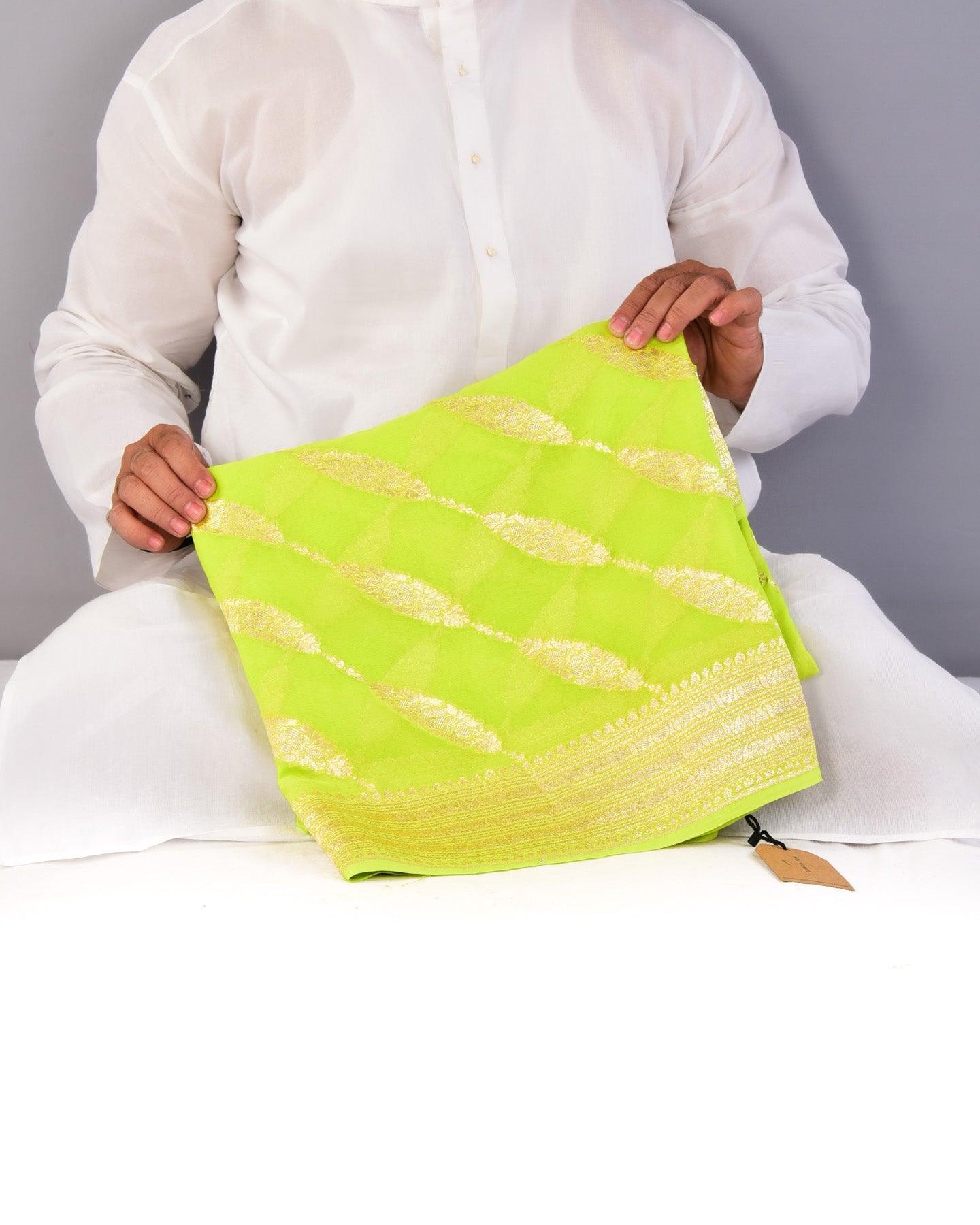 Neon Green Banarasi Leheriya Cutwork Brocade Handwoven Khaddi Georgette Saree - By HolyWeaves, Benares