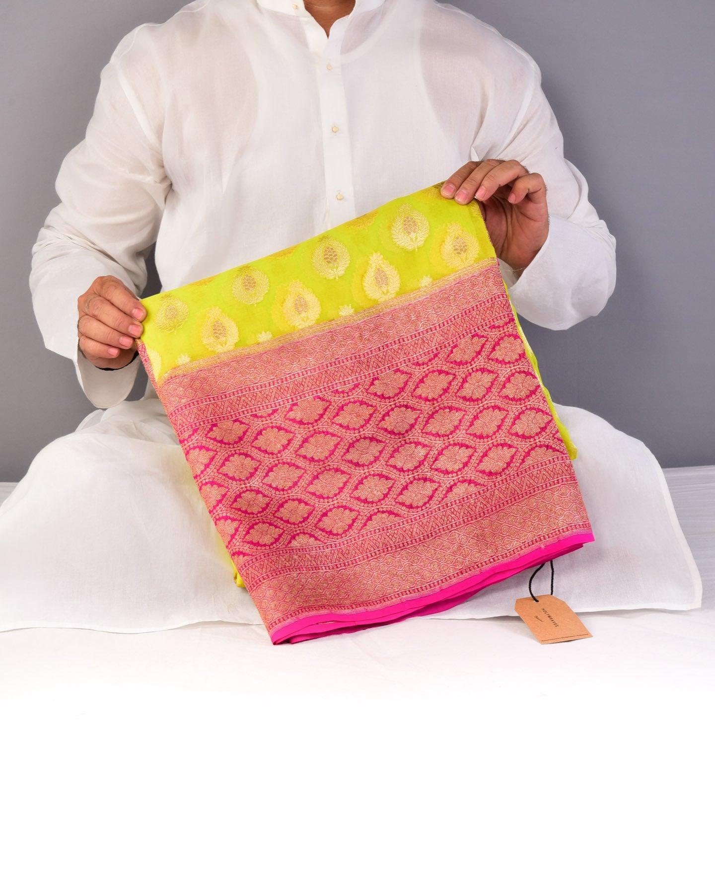 Neon Green Banarasi Overdyed Alfi Buti Cutwork Brocade Handwoven Kora Silk Saree - By HolyWeaves, Benares